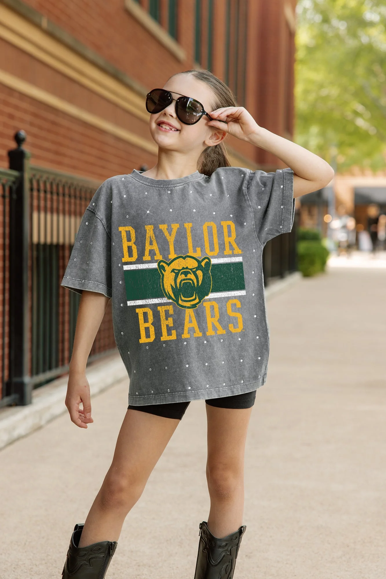 BAYLOR BEARS ON THE BALL KIDS MINI RHINESTONE OVERSIZED TEE