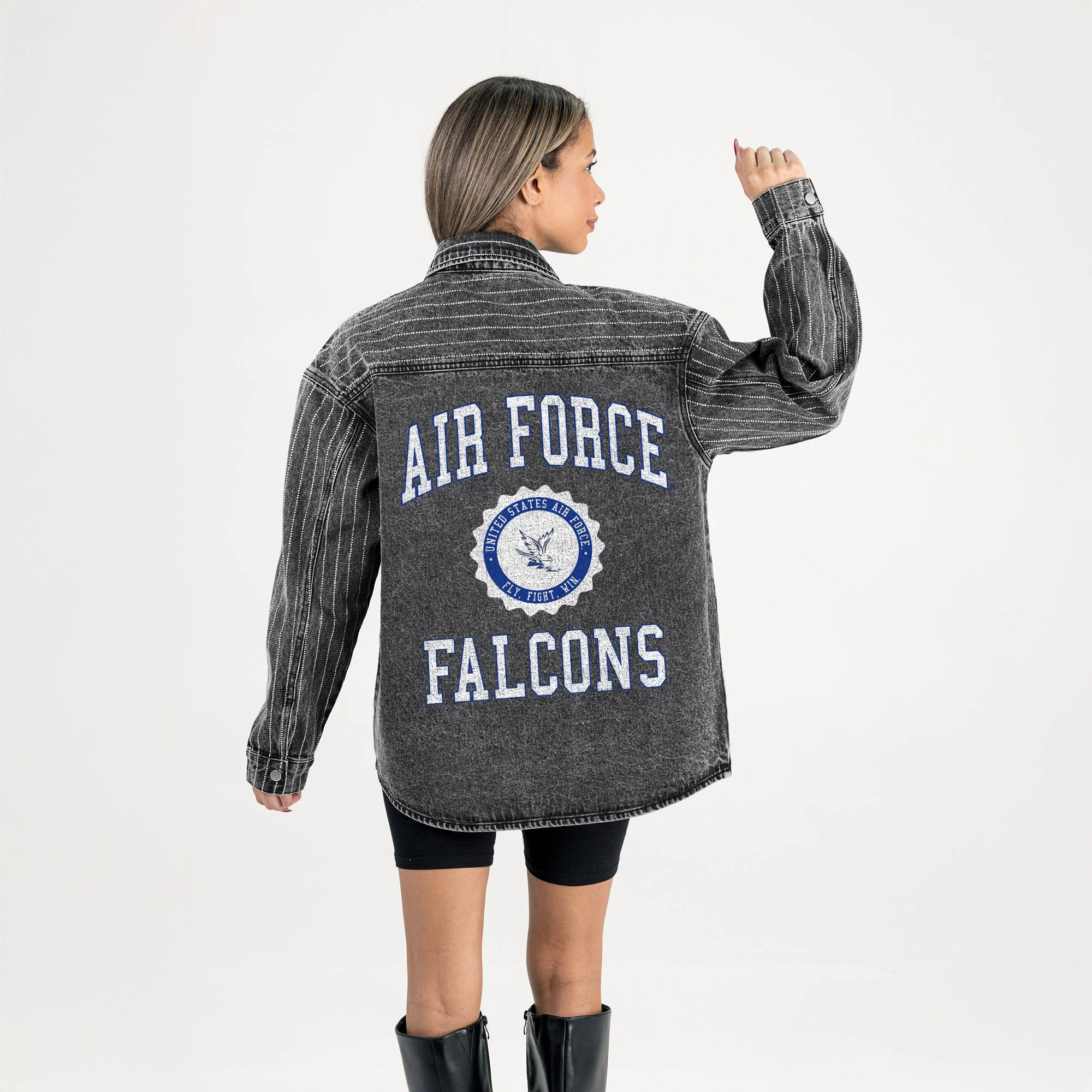 AIR FORCE FALCONS STYLE'S THE LIMIT MICRO-RHINESTONE DENIM OVERSHIRT IN BLACK - Image 7