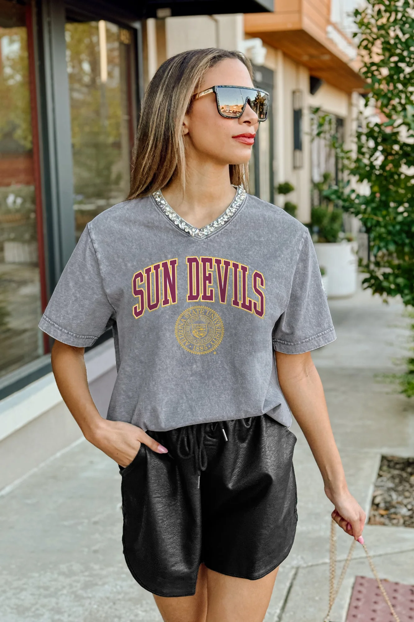 ARIZONA STATE SUN DEVILS ICONIC EDGE RHINESTONE TRIM V-NECK TEE