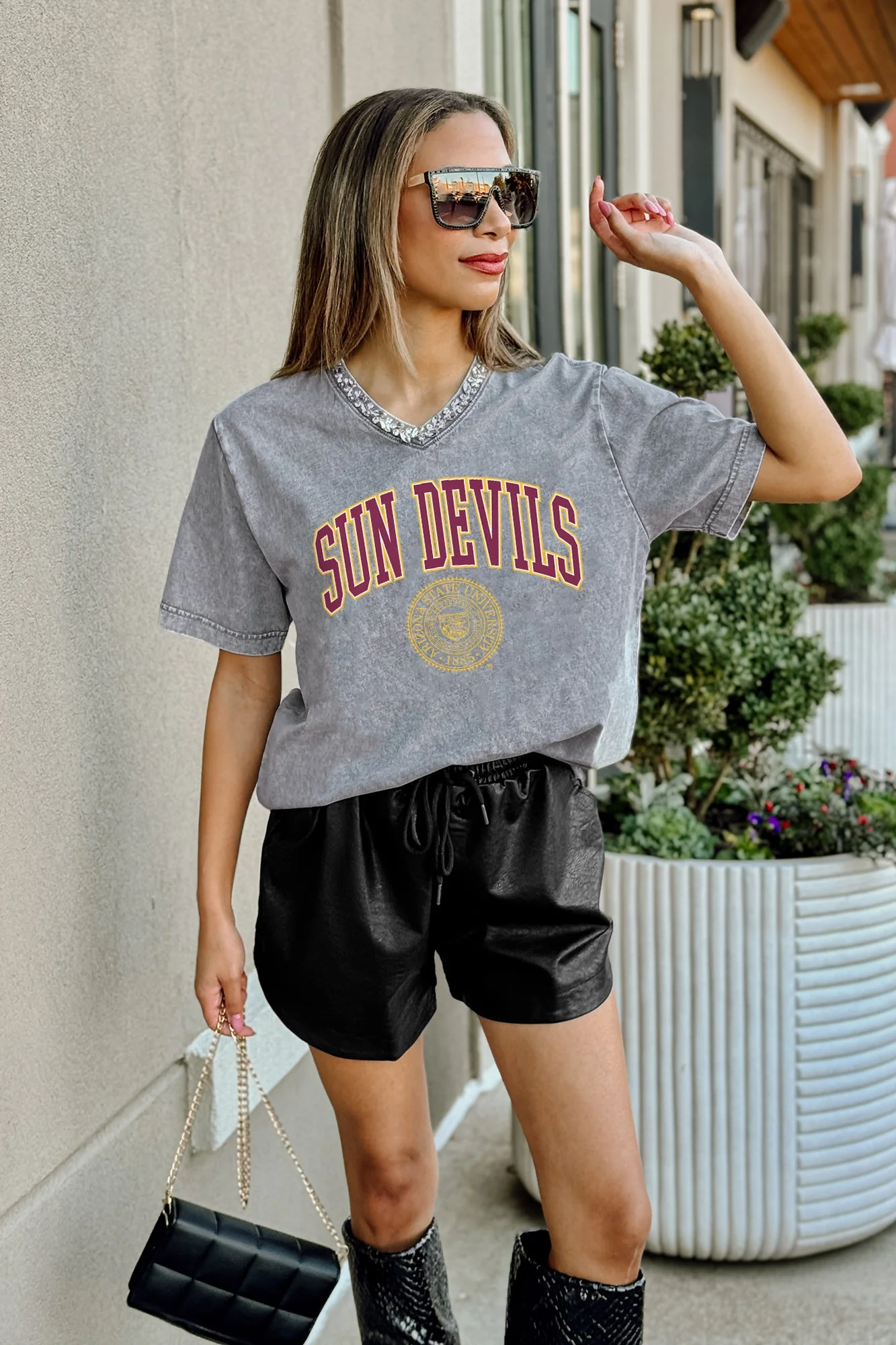 ARIZONA STATE SUN DEVILS ICONIC EDGE RHINESTONE TRIM V-NECK TEE - Image 2