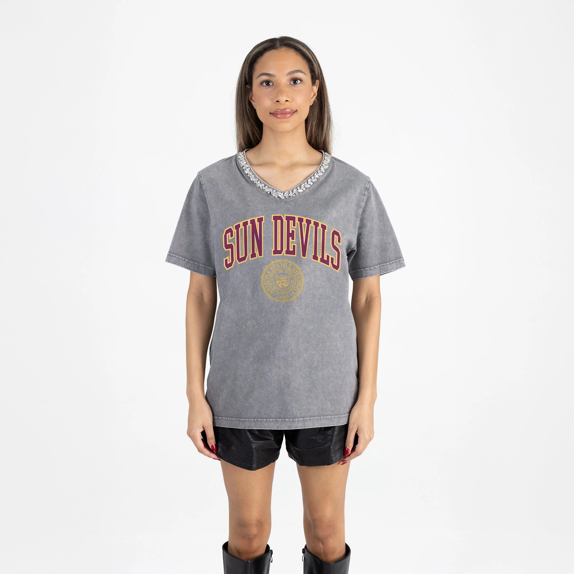 ARIZONA STATE SUN DEVILS ICONIC EDGE RHINESTONE TRIM V-NECK TEE - Image 5