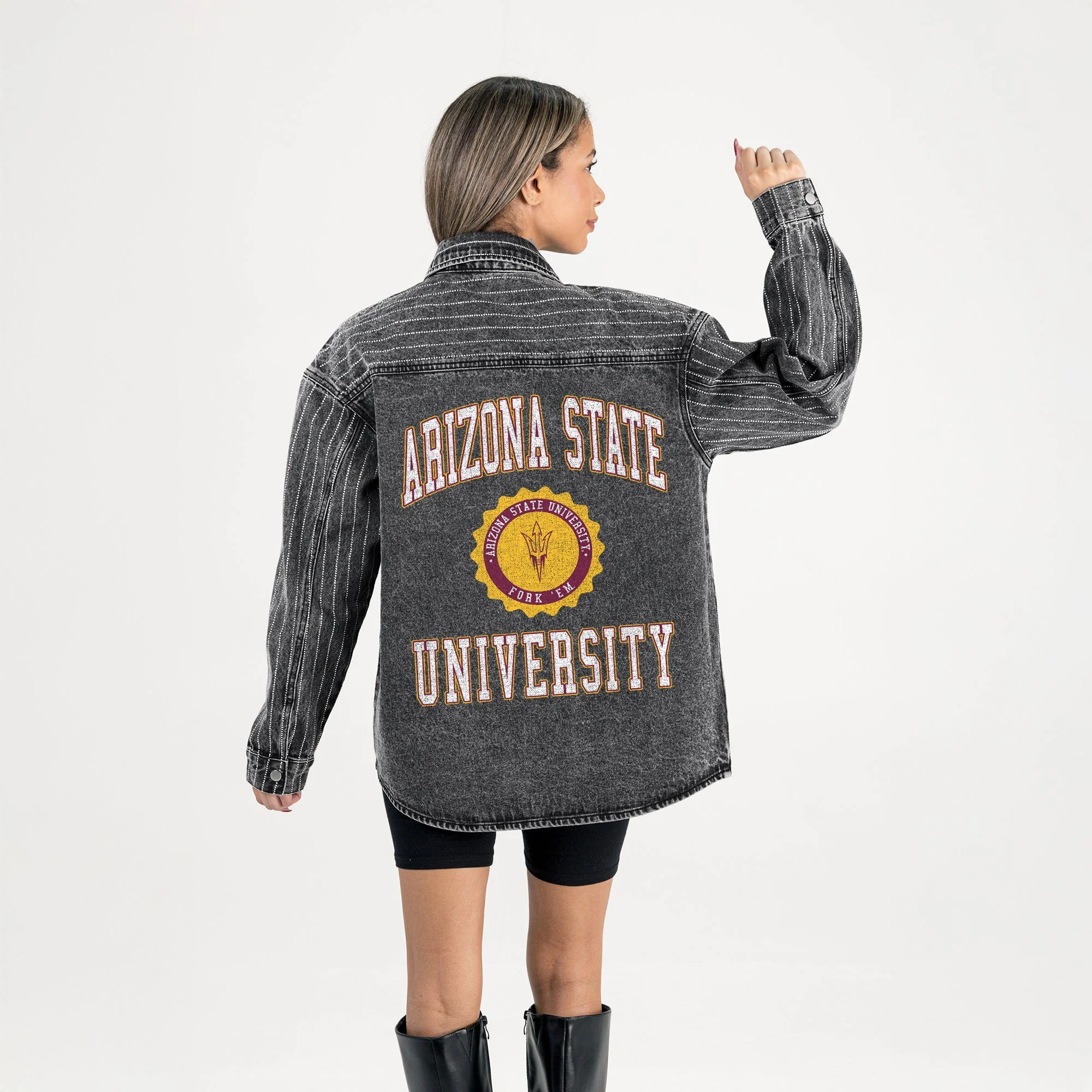 ARIZONA STATE SUN DEVILS STYLE'S THE LIMIT MICRO-RHINESTONE DENIM OVERSHIRT IN BLACK - Image 7