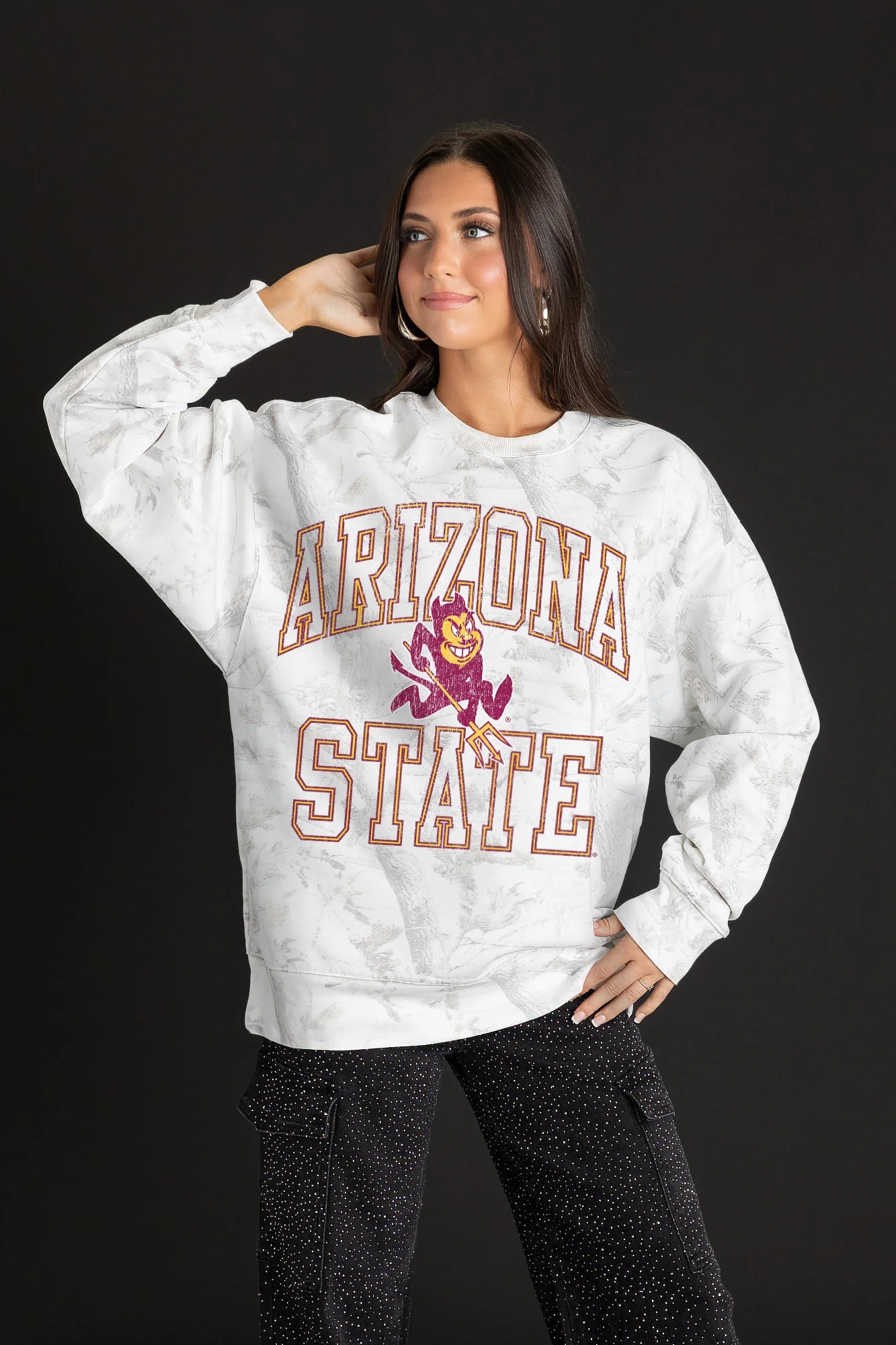 ARIZONA STATE SUN DEVILS WHITEOUT PREMIUM DROP SHOULDER CAMO PULLOVER