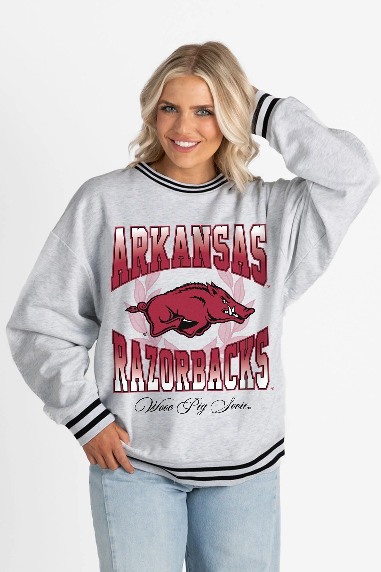 ARKANSAS RAZORBACKS FADE ROUTE CREW FLEECE RINGER SWEATSHIRT - Image 5