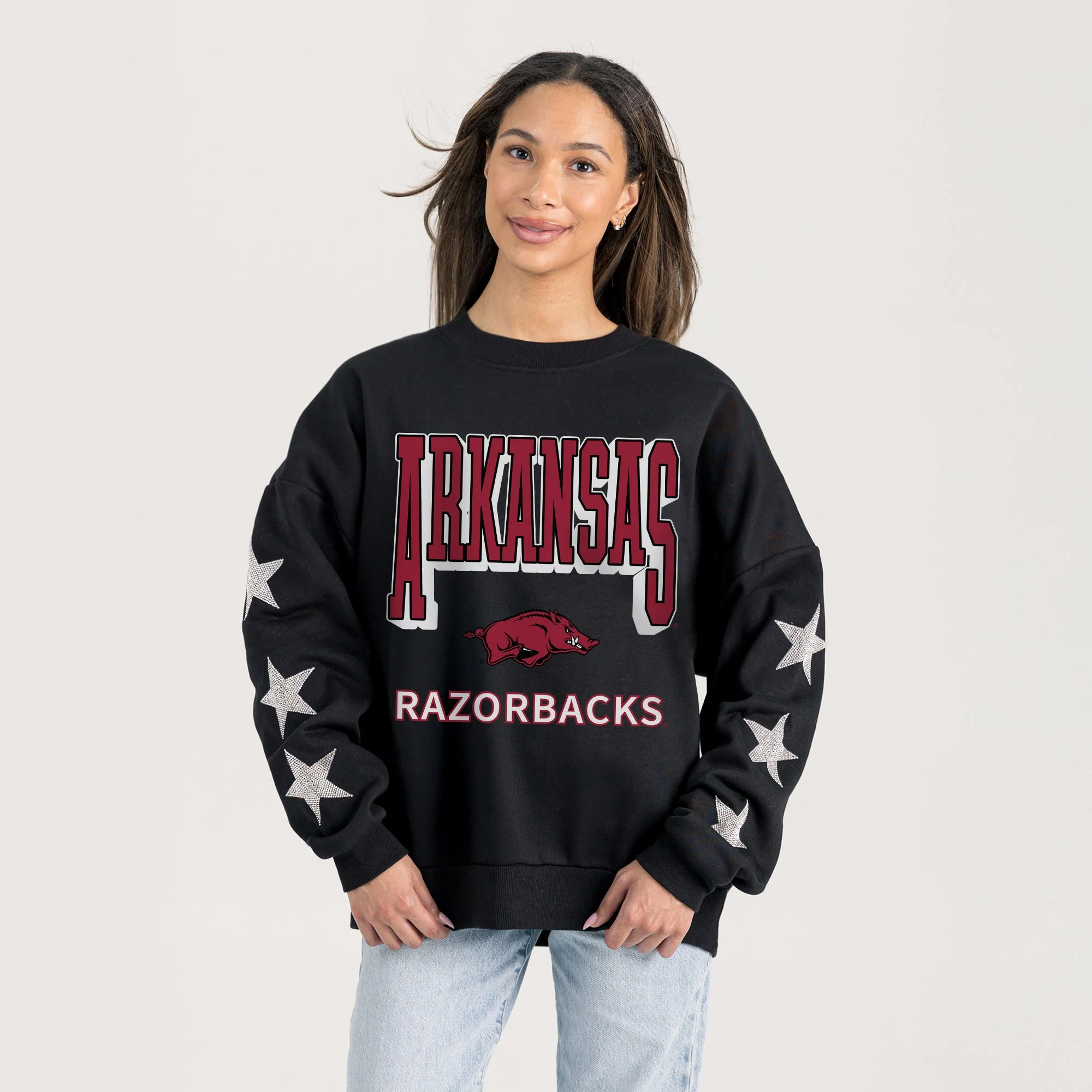 ARKANSAS RAZORBACKS PURE VICTORY EMBELLISHED STAR SLEEVE CREWNECK PULLOVER - Image 2
