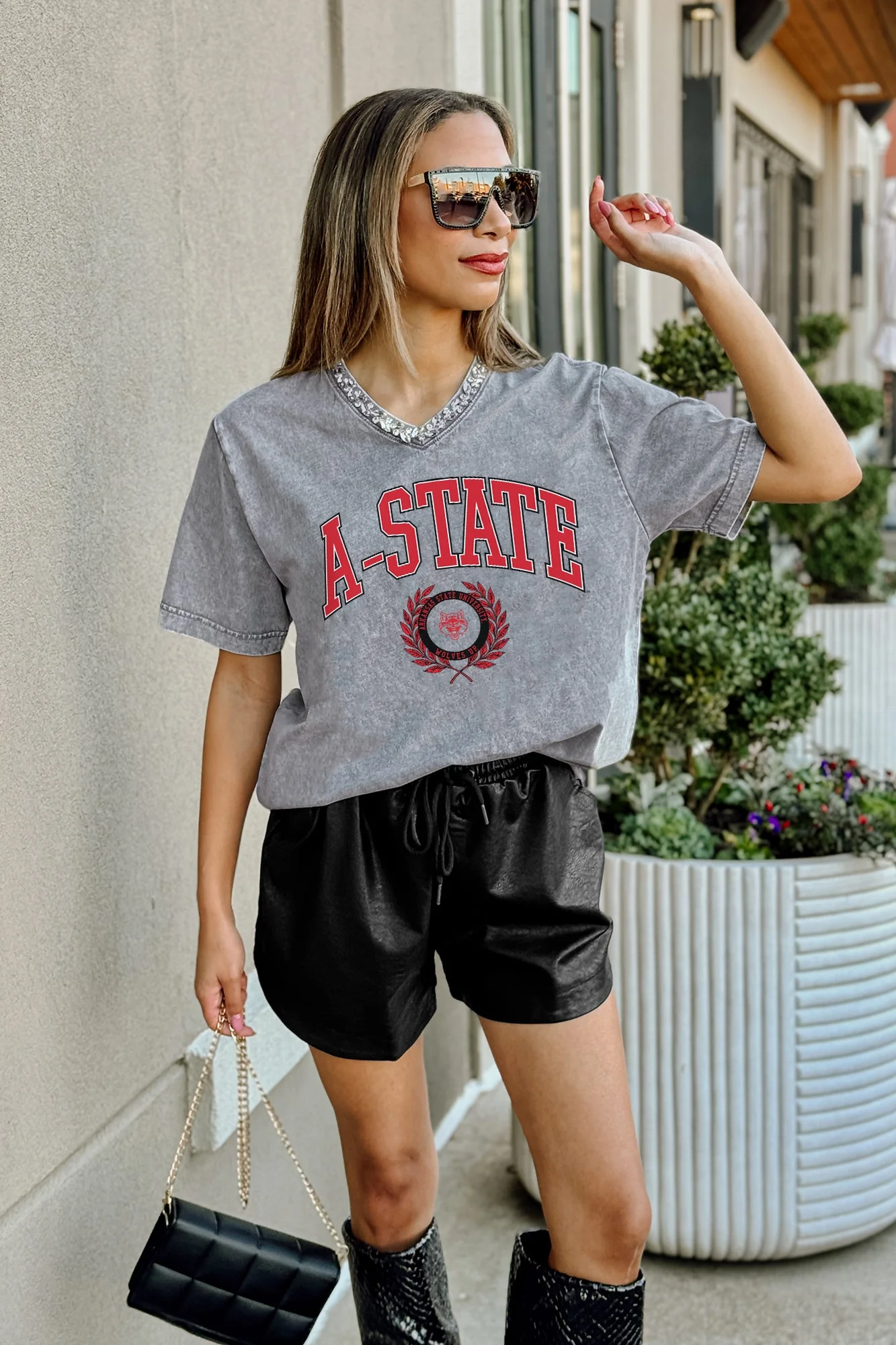 ARKANSAS STATE RED WOLVES ICONIC EDGE RHINESTONE TRIM V-NECK TEE - Image 2