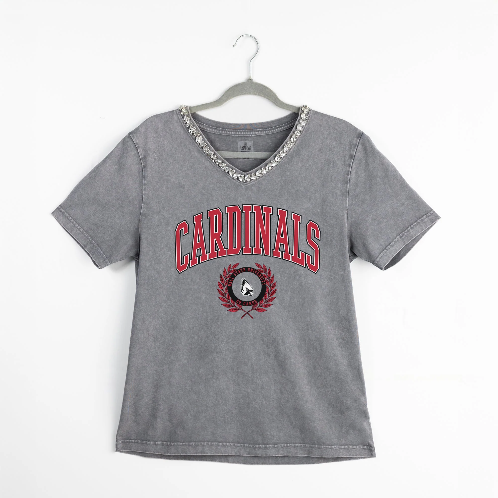BALL STATE CARDINALS ICONIC EDGE RHINESTONE TRIM V-NECK TEE - Image 8