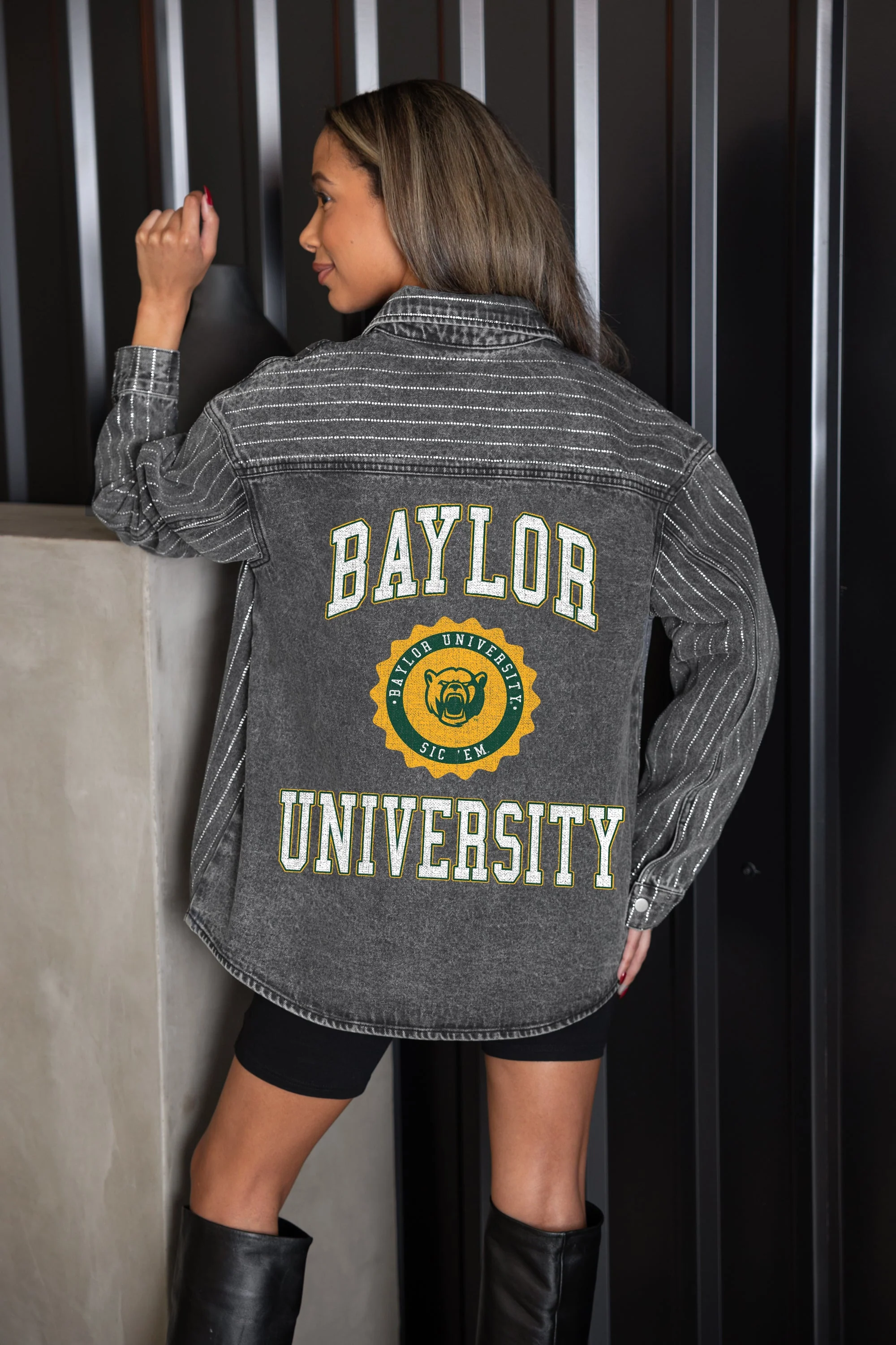 BAYLOR BEARS STYLE'S THE LIMIT MICRO-RHINESTONE DENIM OVERSHIRT IN BLACK