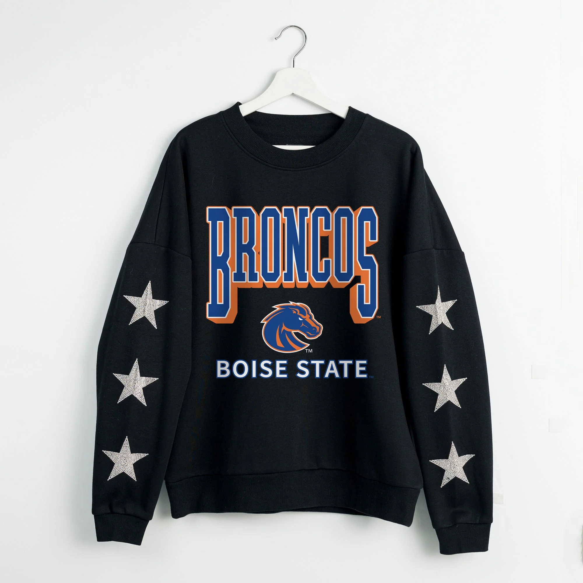 BOISE STATE BRONCOS PURE VICTORY EMBELLISHED STAR SLEEVE CREWNECK PULLOVER