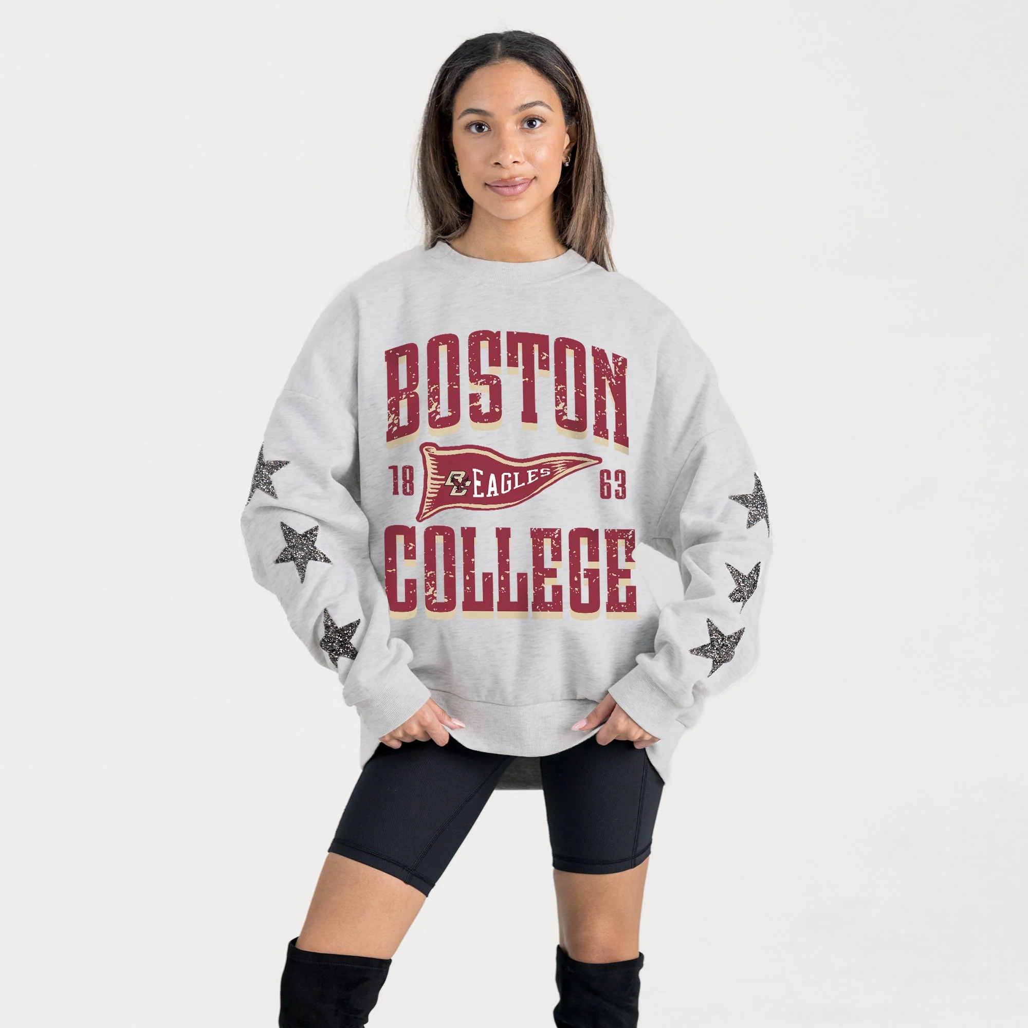 BOSTON COLLEGE EAGLES PENNANT PRIDE EMBELLISHED STAR SLEEVE CREWNECK PULLOVER - Image 3