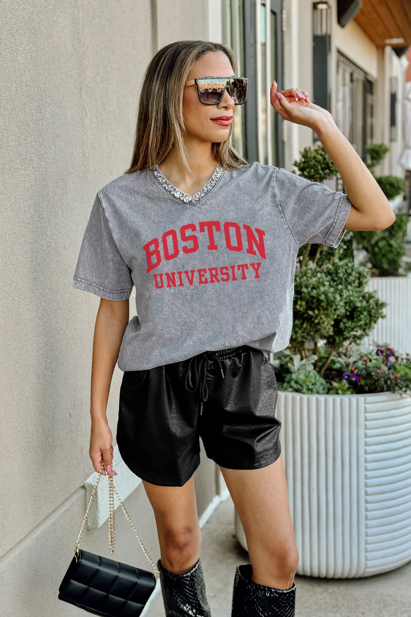 BOSTON UNIVERSITY TERRIERS ICONIC EDGE RHINESTONE TRIM V-NECK TEE - Image 2