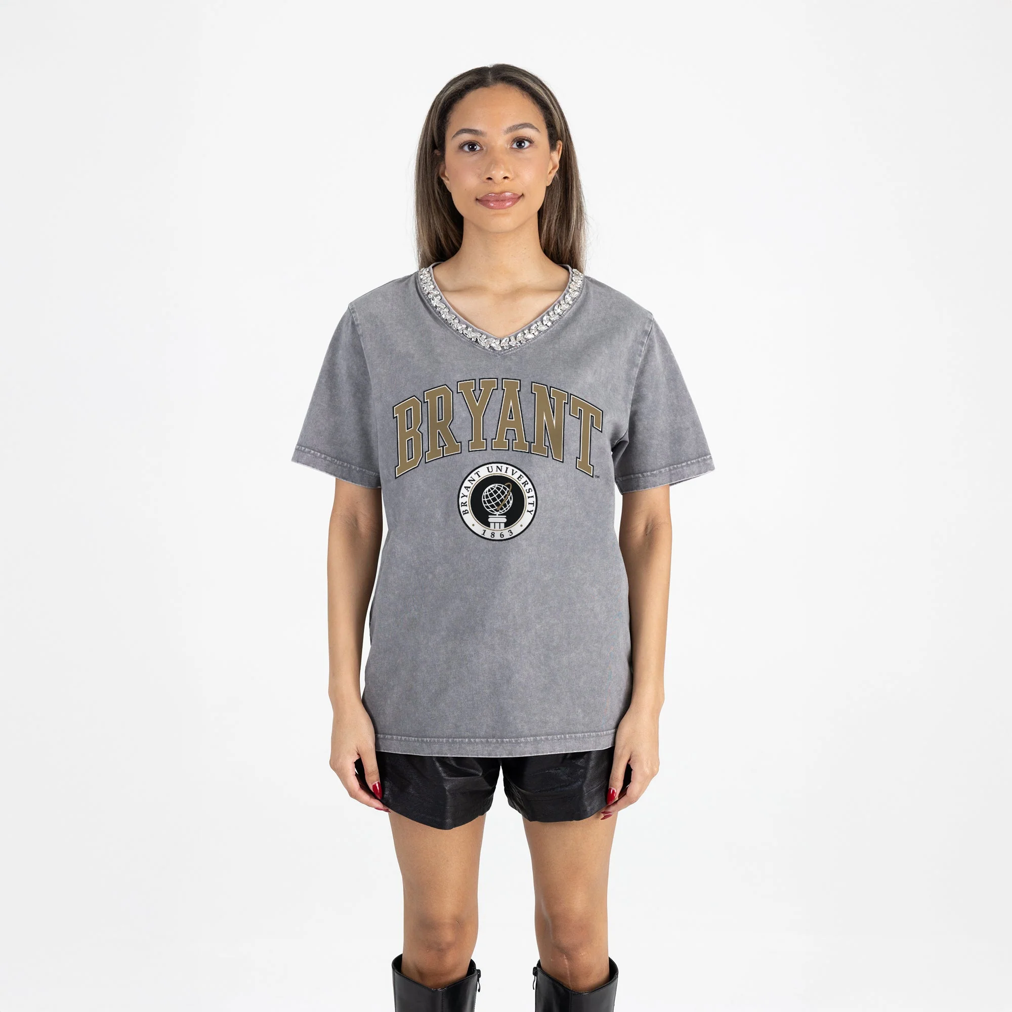 BRYANT BULLDOGS ICONIC EDGE RHINESTONE TRIM V-NECK TEE - Image 5