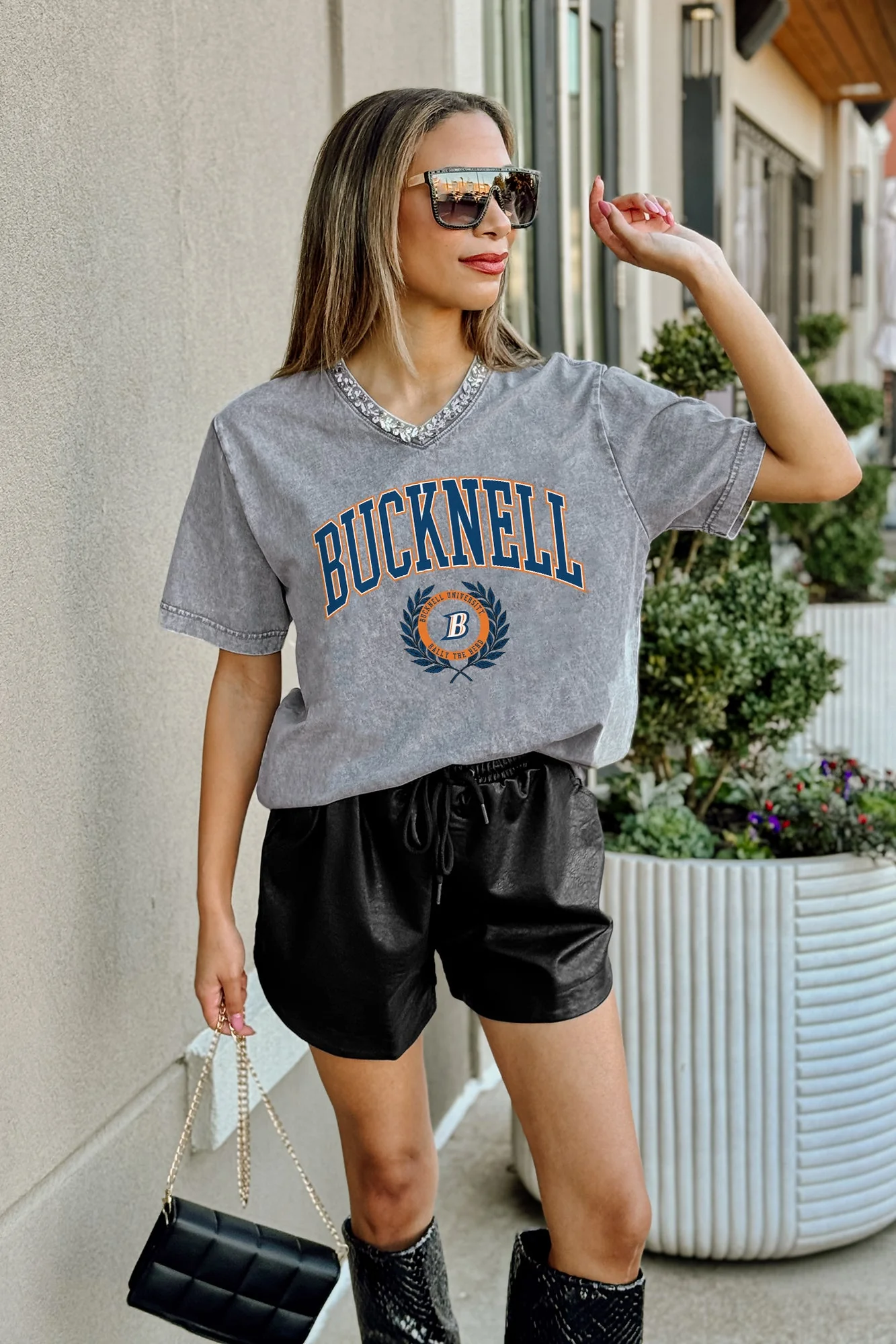 BUCKNELL BISON ICONIC EDGE RHINESTONE TRIM V-NECK TEE - Image 2