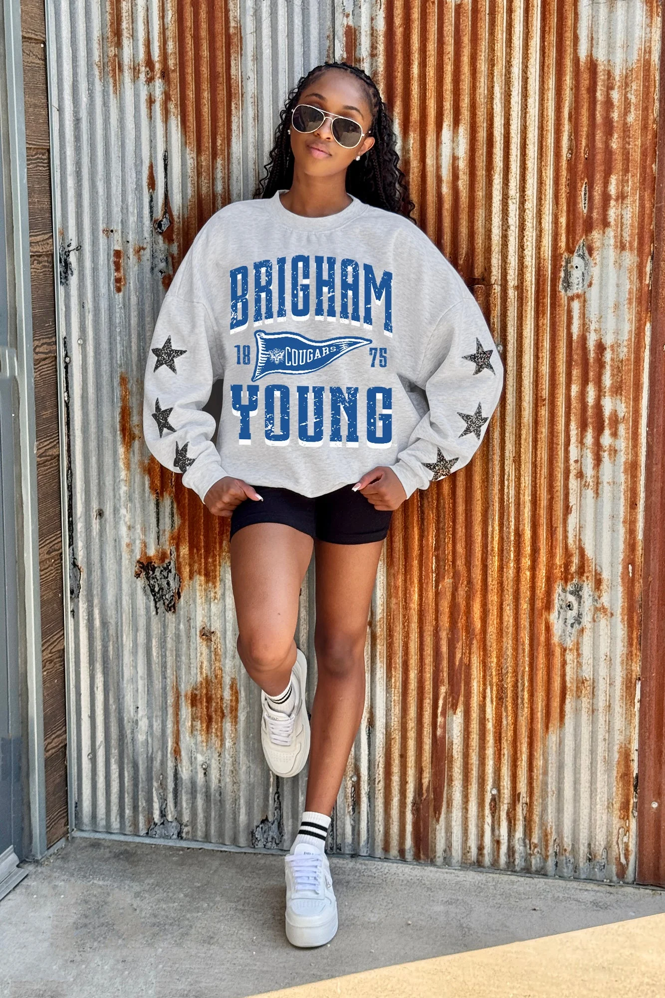 BYU COUGARS PENNANT PRIDE EMBELLISHED STAR SLEEVE CREWNECK PULLOVER - Image 2