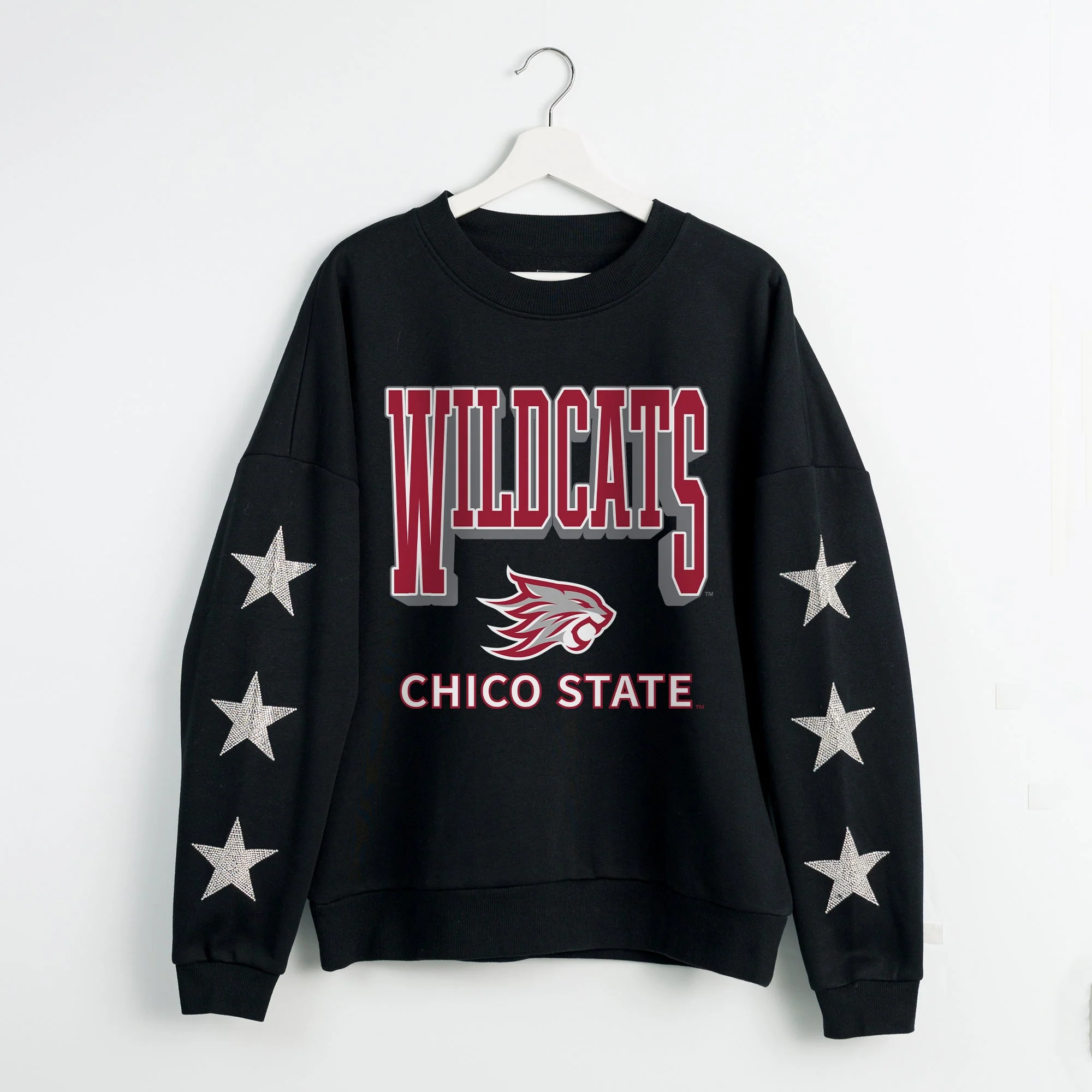 CHICO STATE WILDCATS PURE VICTORY EMBELLISHED STAR SLEEVE CREWNECK PULLOVER