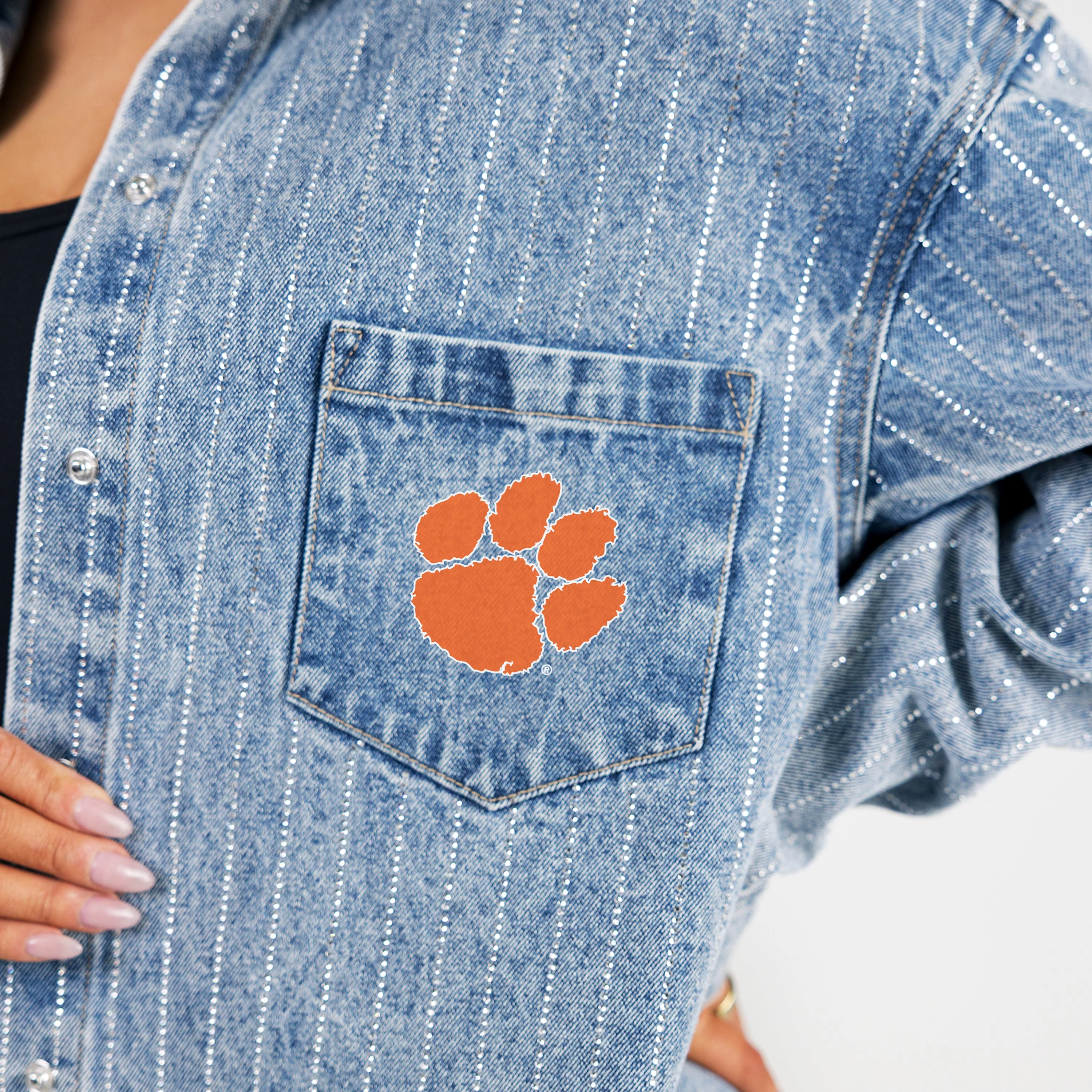 CLEMSON TIGERS STYLE'S THE LIMIT MICRO-RHINESTONE DENIM OVERSHIRT - Image 4