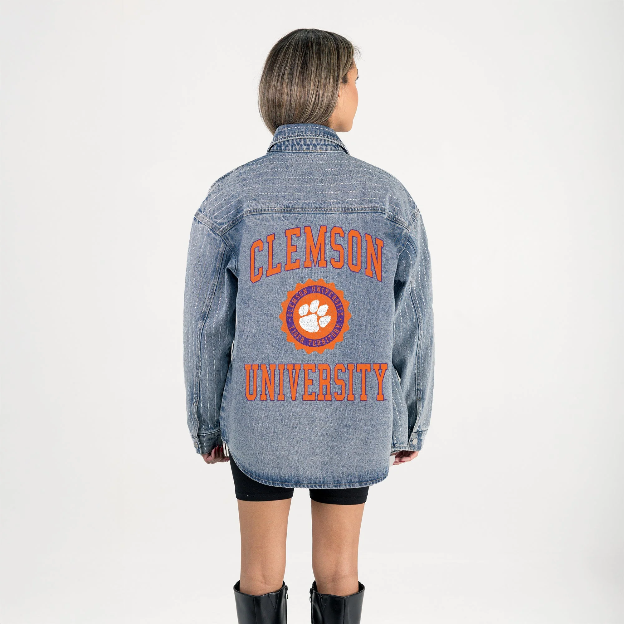CLEMSON TIGERS STYLE'S THE LIMIT MICRO-RHINESTONE DENIM OVERSHIRT - Image 7