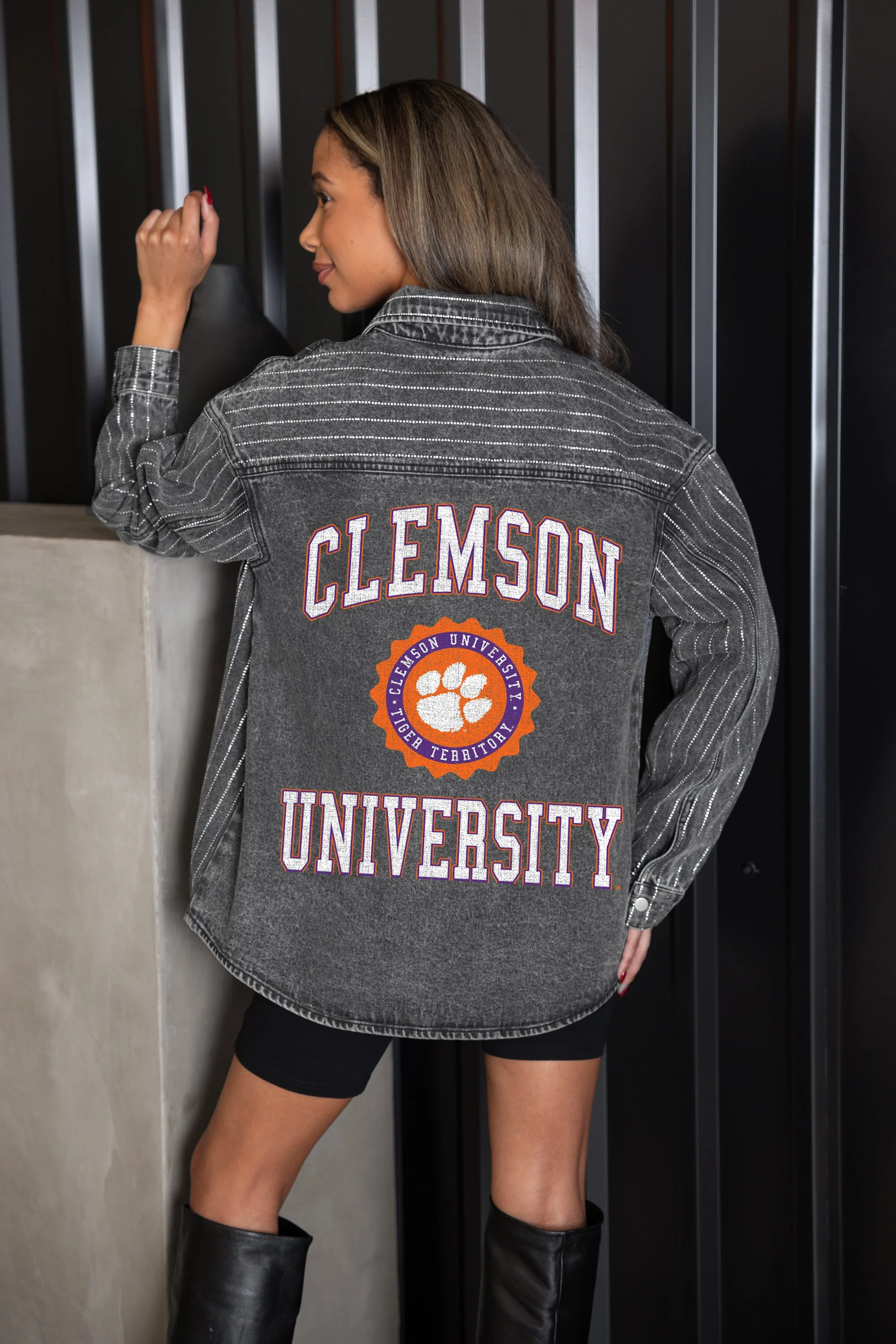 CLEMSON TIGERS STYLE'S THE LIMIT MICRO-RHINESTONE DENIM OVERSHIRT IN BLACK