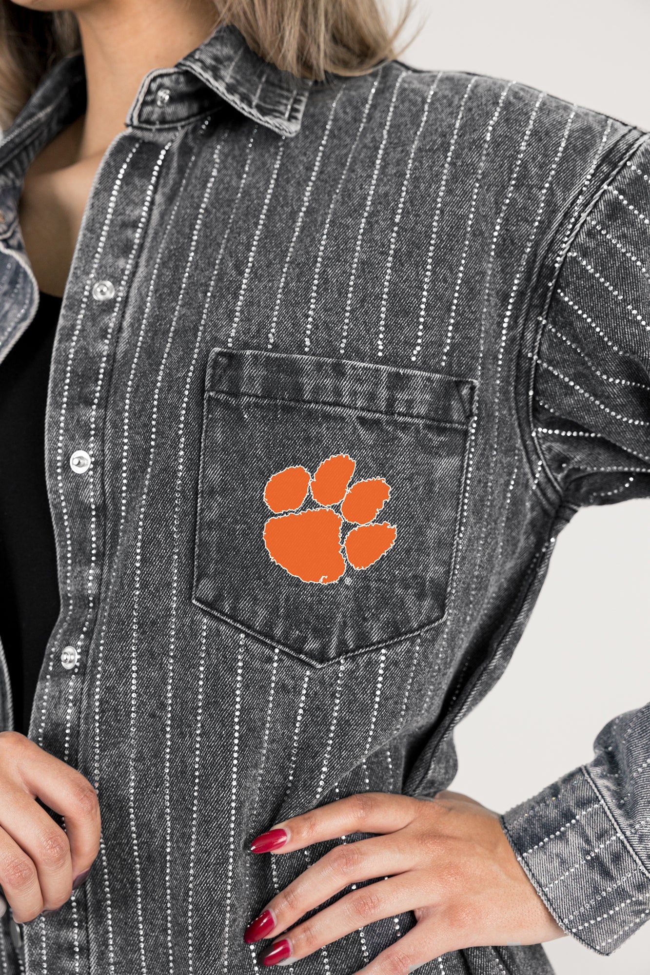 CLEMSON TIGERS STYLE'S THE LIMIT MICRO-RHINESTONE DENIM OVERSHIRT IN BLACK - Image 5