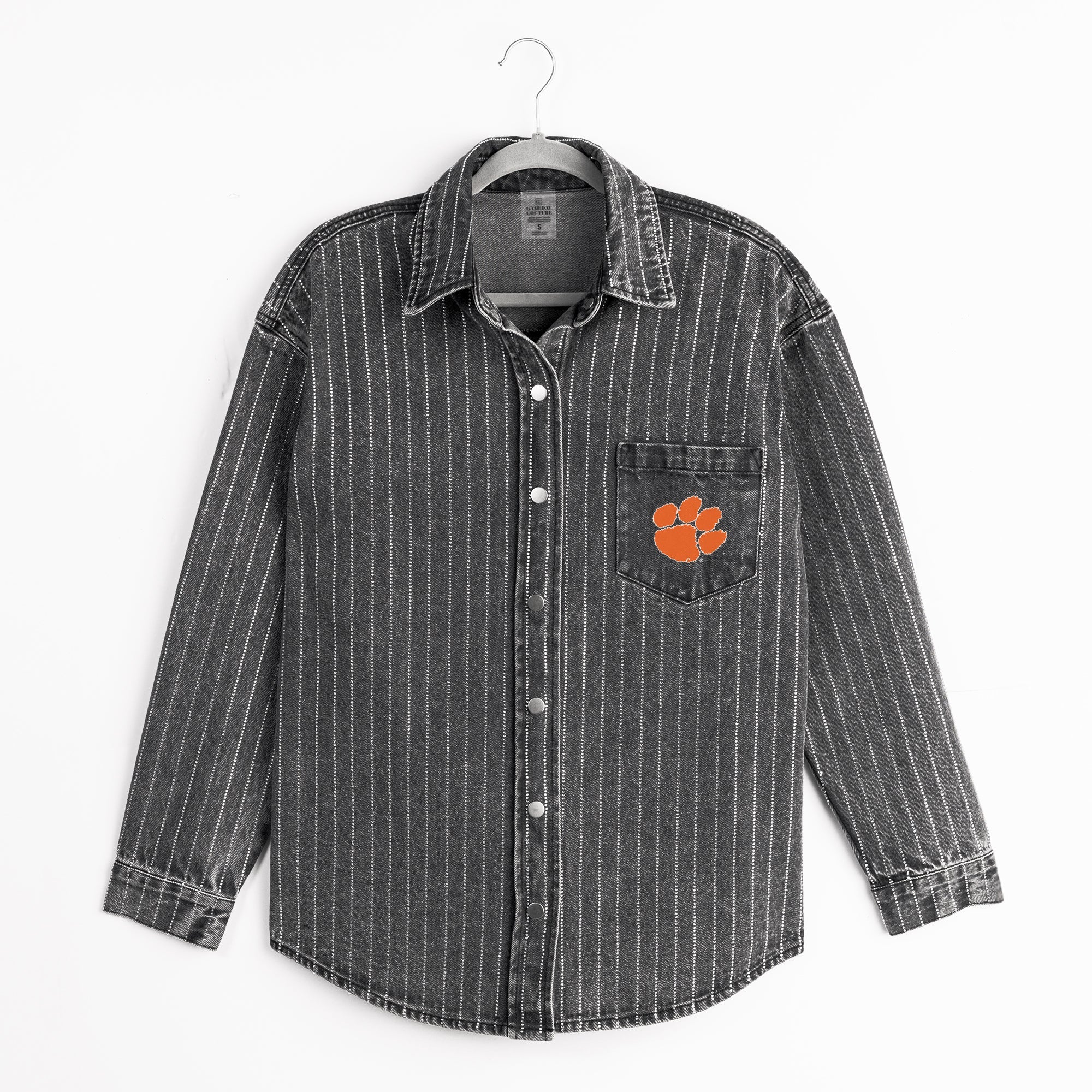 CLEMSON TIGERS STYLE'S THE LIMIT MICRO-RHINESTONE DENIM OVERSHIRT IN BLACK - Image 8