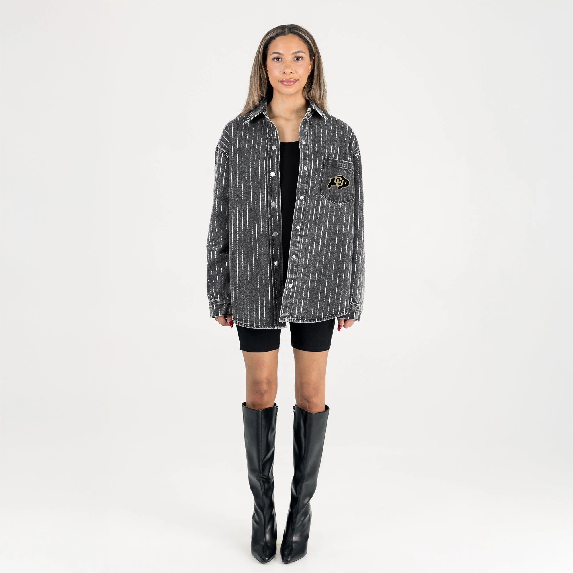COLORADO BUFFALOES STYLE'S THE LIMIT MICRO-RHINESTONE DENIM OVERSHIRT IN BLACK - Image 6