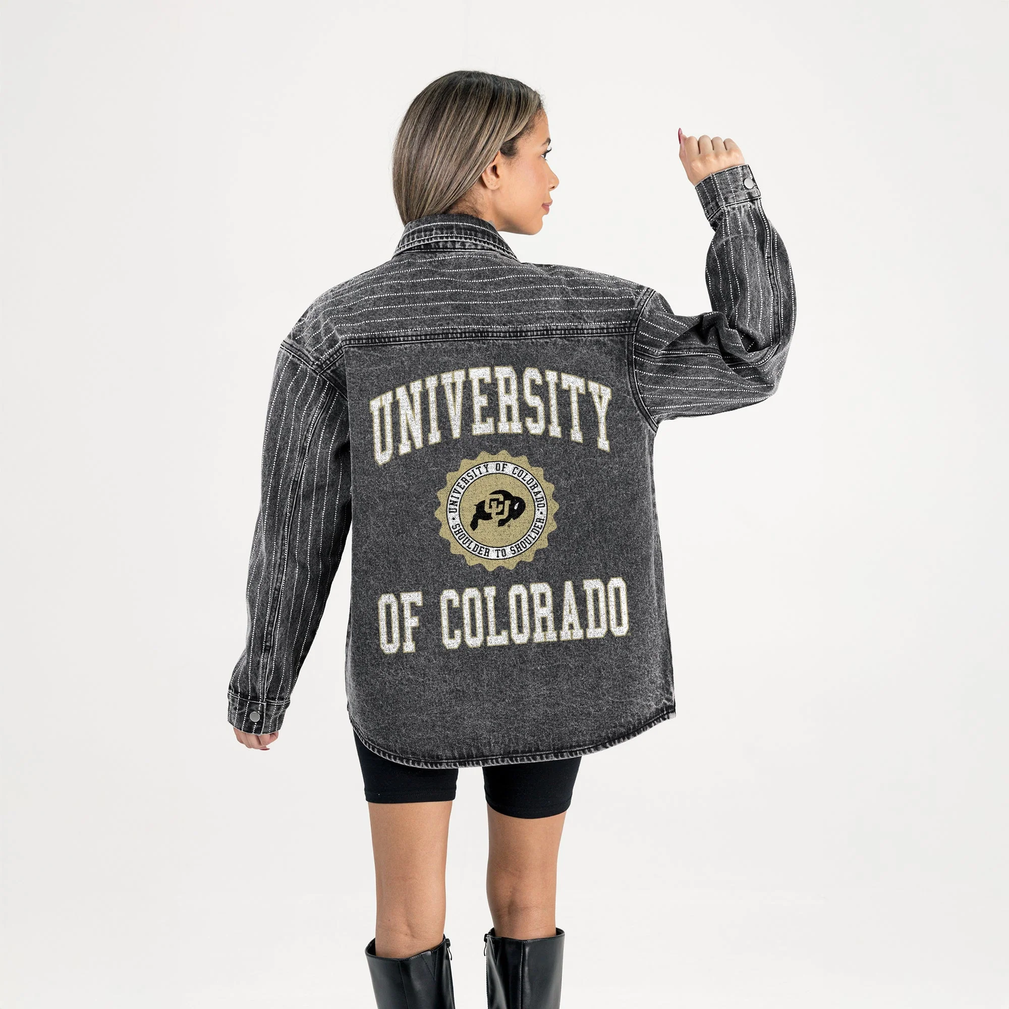 COLORADO BUFFALOES STYLE'S THE LIMIT MICRO-RHINESTONE DENIM OVERSHIRT IN BLACK - Image 7