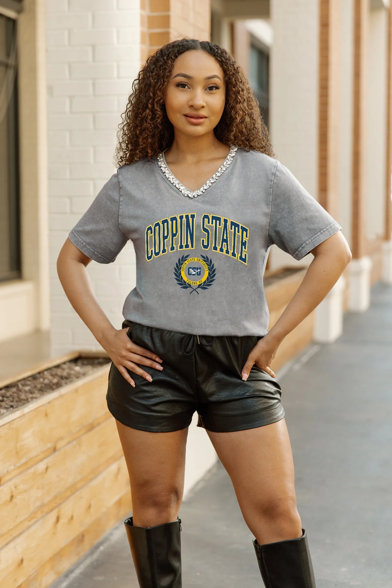 COPPIN STATE EAGLES ICONIC EDGE RHINESTONE TRIM V-NECK TEE - Image 3