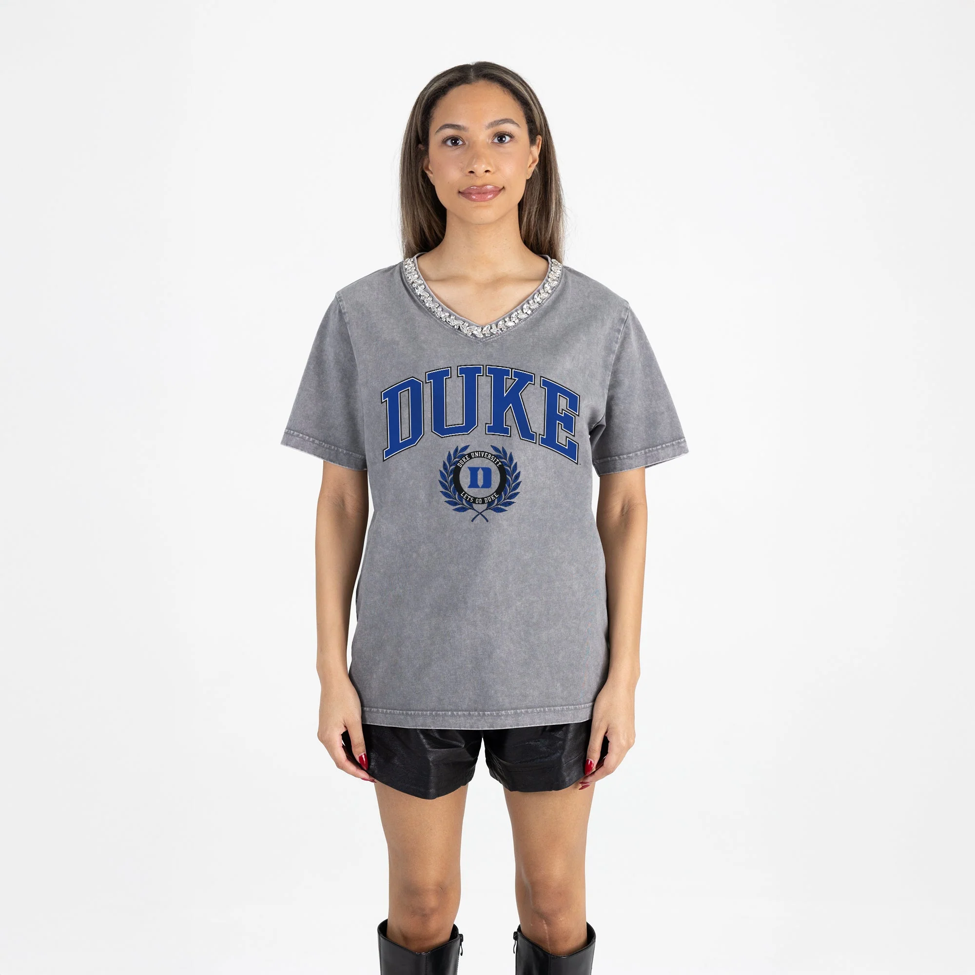 DUKE BLUE DEVILS ICONIC EDGE RHINESTONE TRIM V-NECK TEE - Image 5