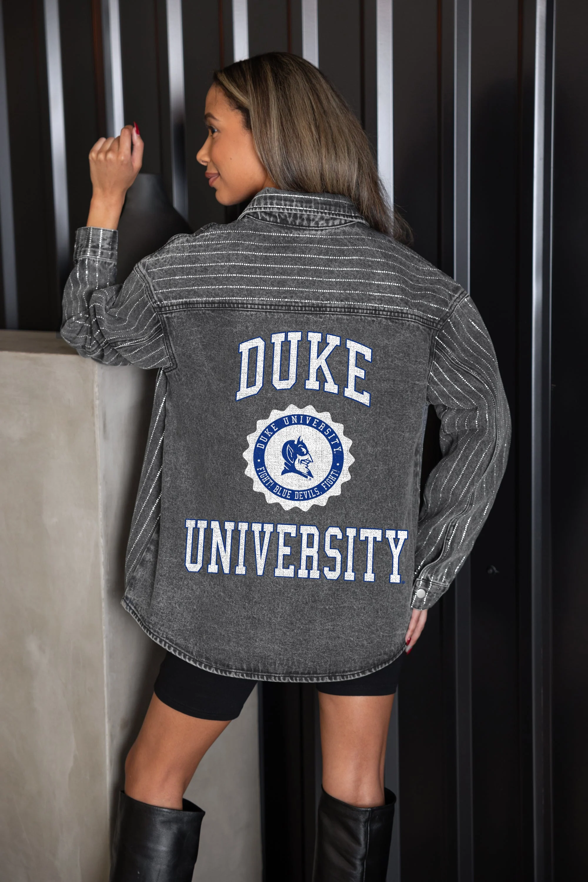 DUKE BLUE DEVILS STYLE'S THE LIMIT MICRO-RHINESTONE DENIM OVERSHIRT IN BLACK