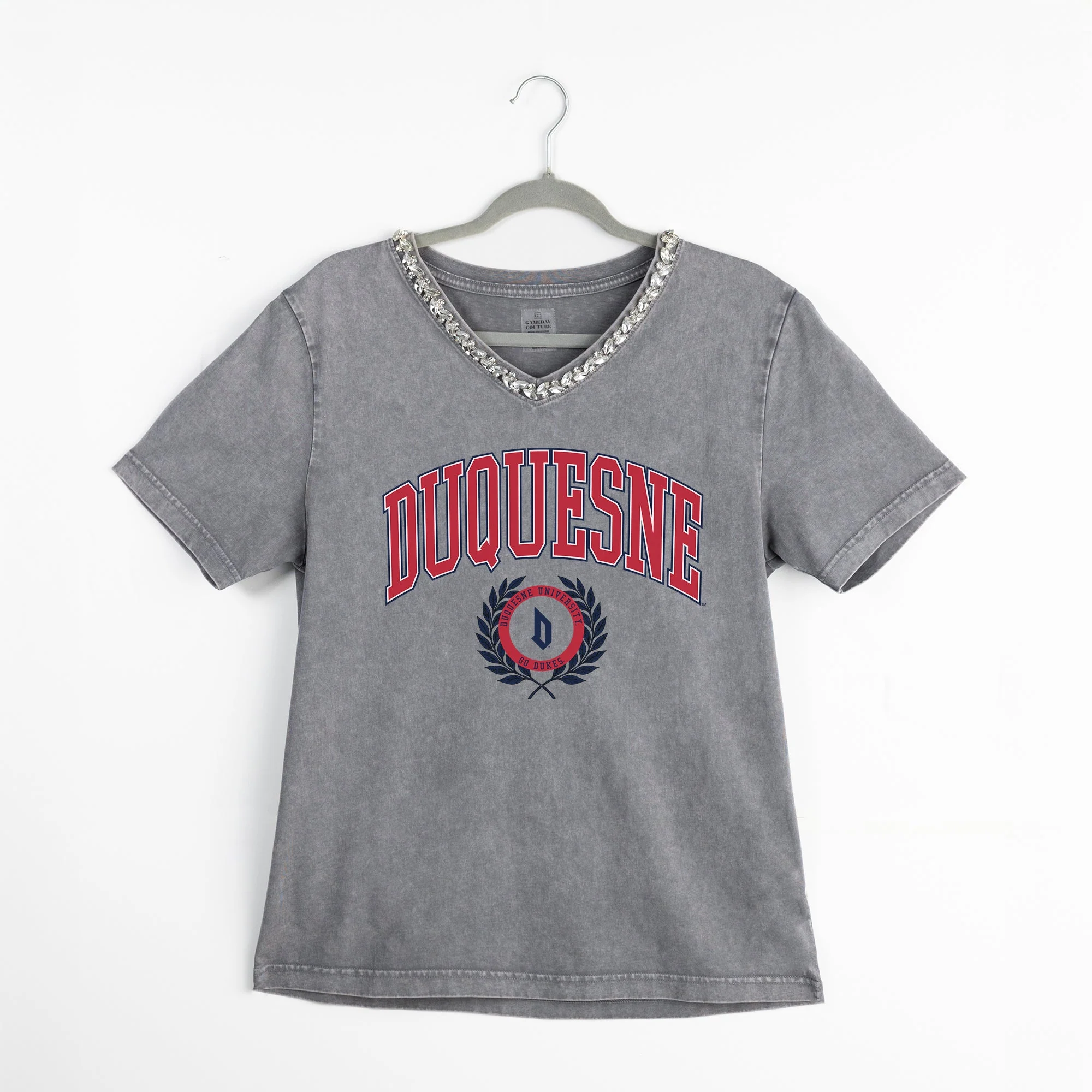 DUQUESNE UNIVERSITY DUKES ICONIC EDGE RHINESTONE TRIM V-NECK TEE - Image 8