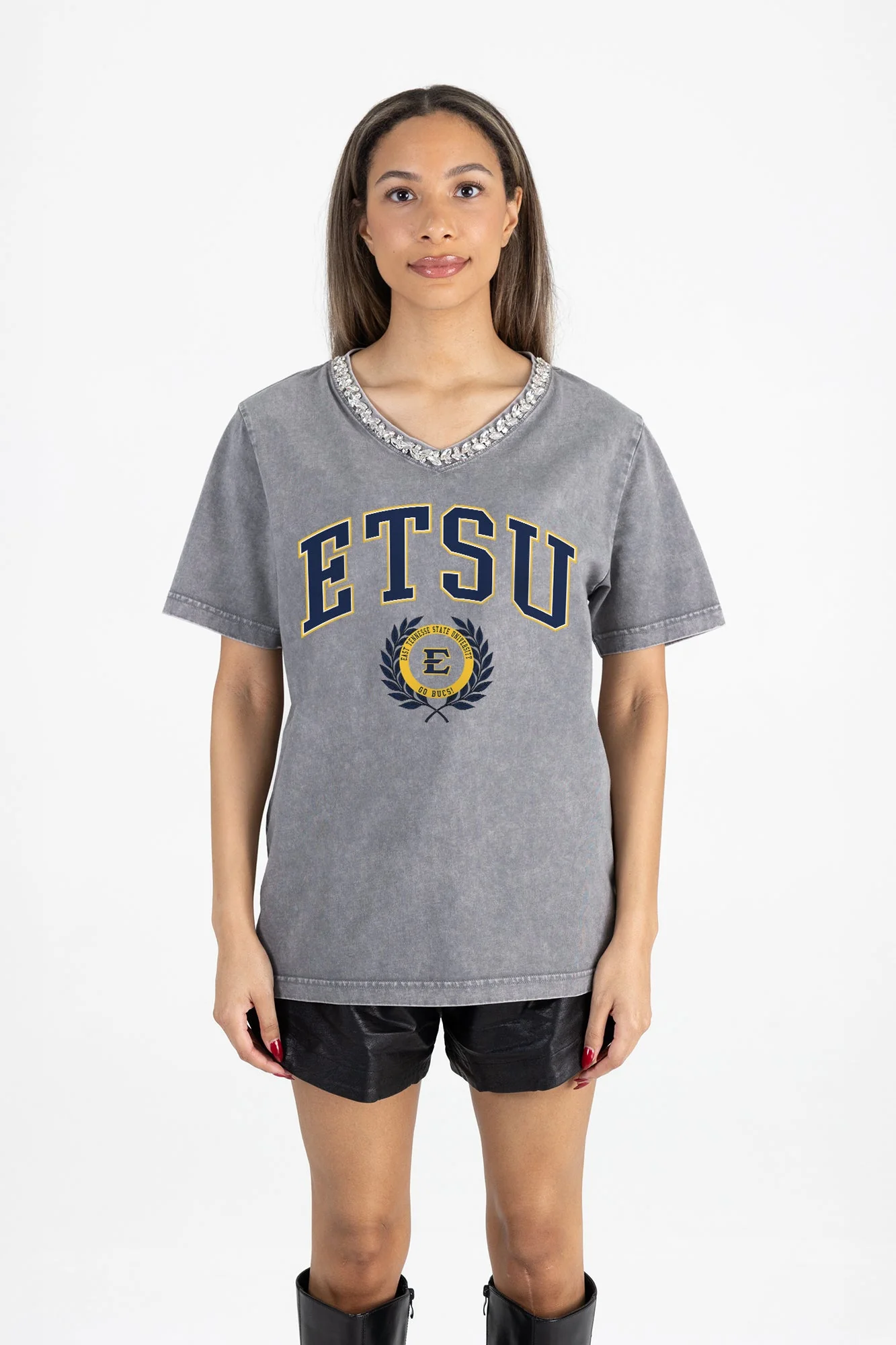 EAST TENNESSEE STATE BUCCANEERS ICONIC EDGE RHINESTONE TRIM V-NECK TEE - Image 5