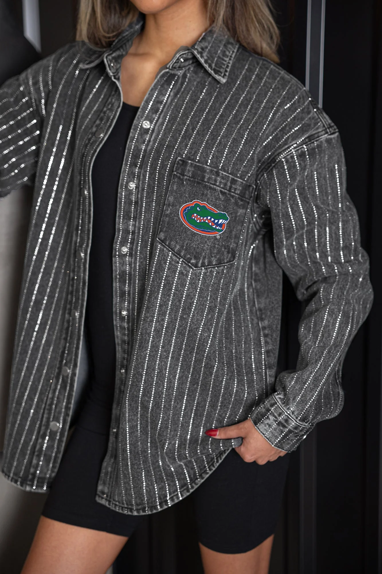 FLORIDA GATORS STYLE'S THE LIMIT MICRO-RHINESTONE DENIM OVERSHIRT IN BLACK - Image 3