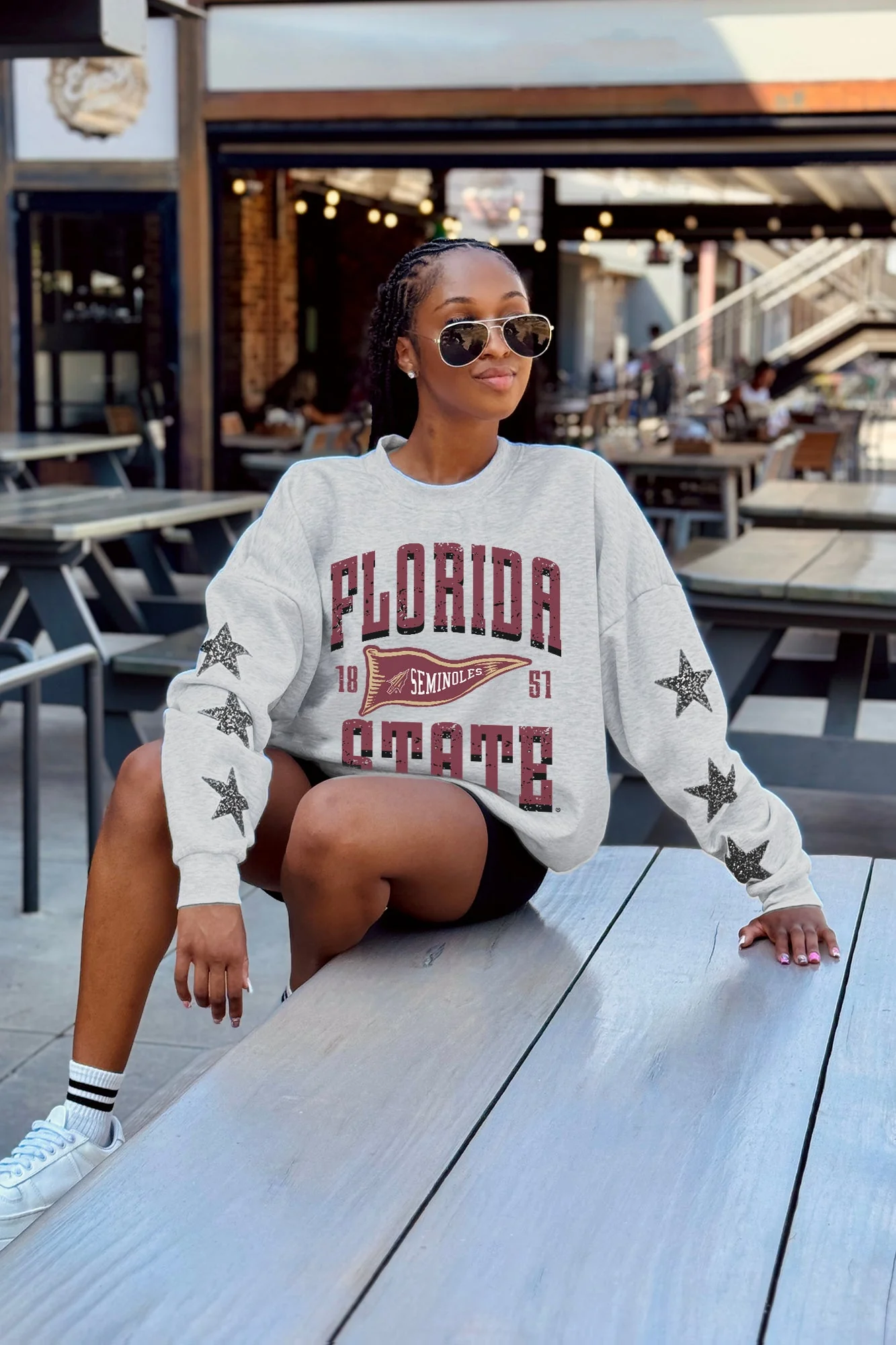 FLORIDA STATE SEMINOLES PENNANT PRIDE EMBELLISHED STAR SLEEVE CREWNECK PULLOVER