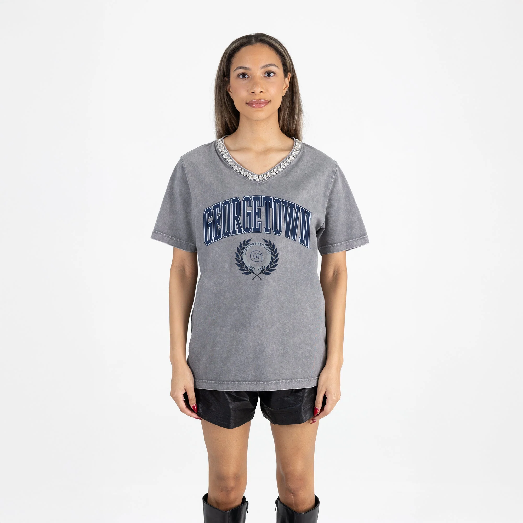GEORGETOWN HOYAS ICONIC EDGE RHINESTONE TRIM V-NECK TEE - Image 5