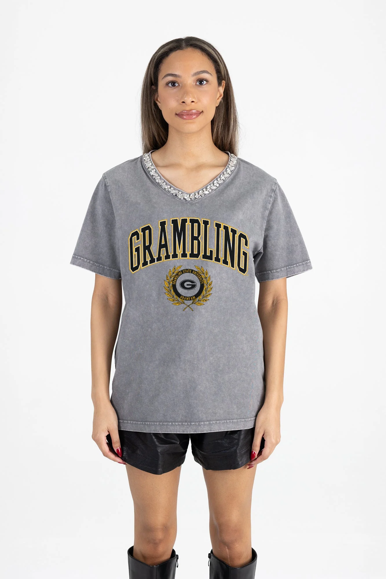 GRAMBLING STATE TIGERS ICONIC EDGE RHINESTONE TRIM V-NECK TEE - Image 5