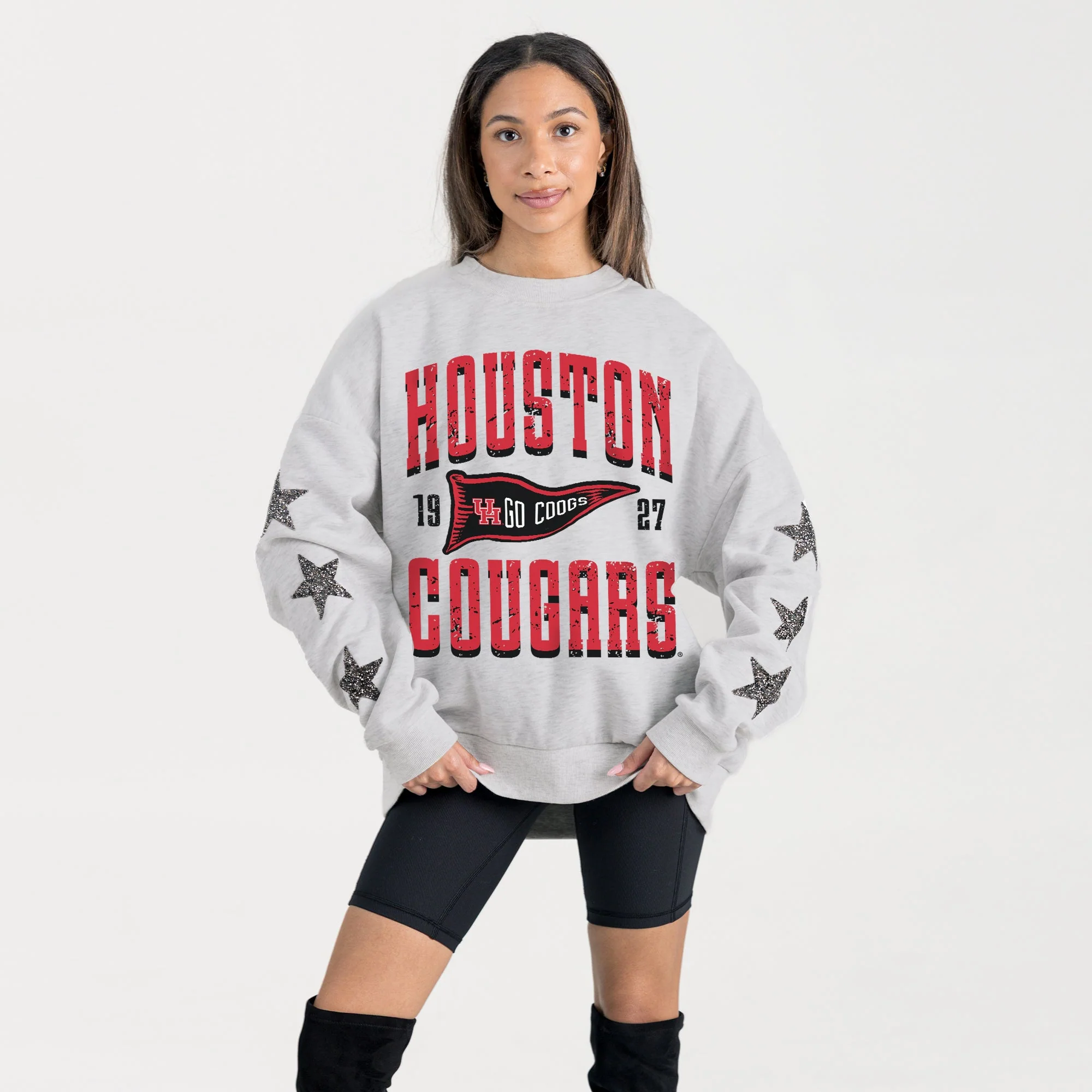 HOUSTON COUGARS PENNANT PRIDE EMBELLISHED STAR SLEEVE CREWNECK PULLOVER - Image 3