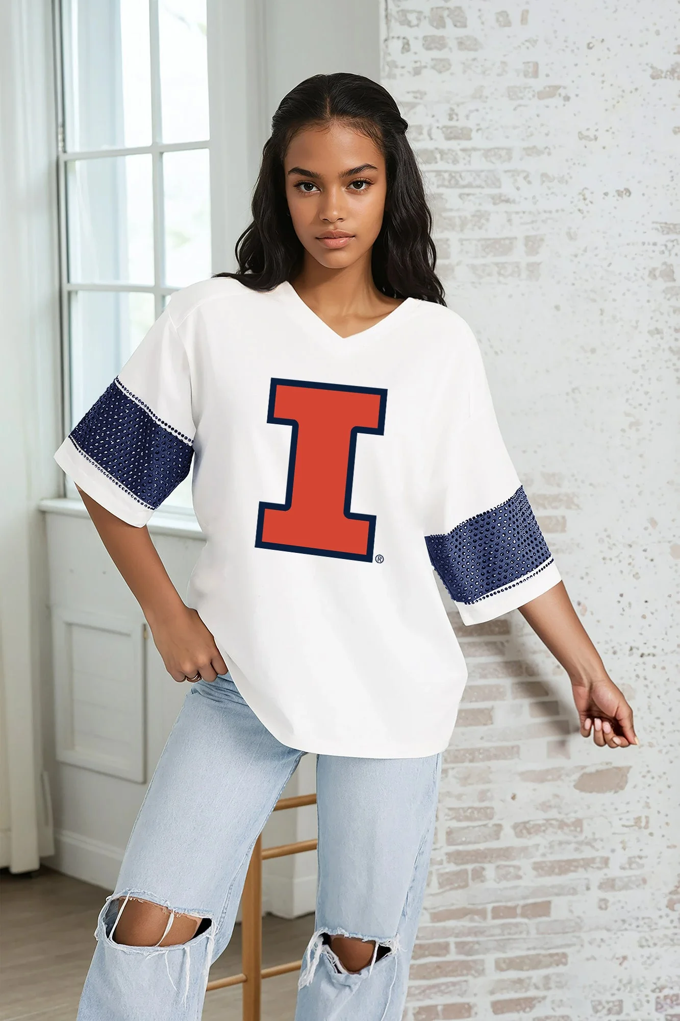 ILLINOIS FIGHTING ILLINI DOMINANCE RHINESTONE STRIPE VARSITY TEE - Image 3