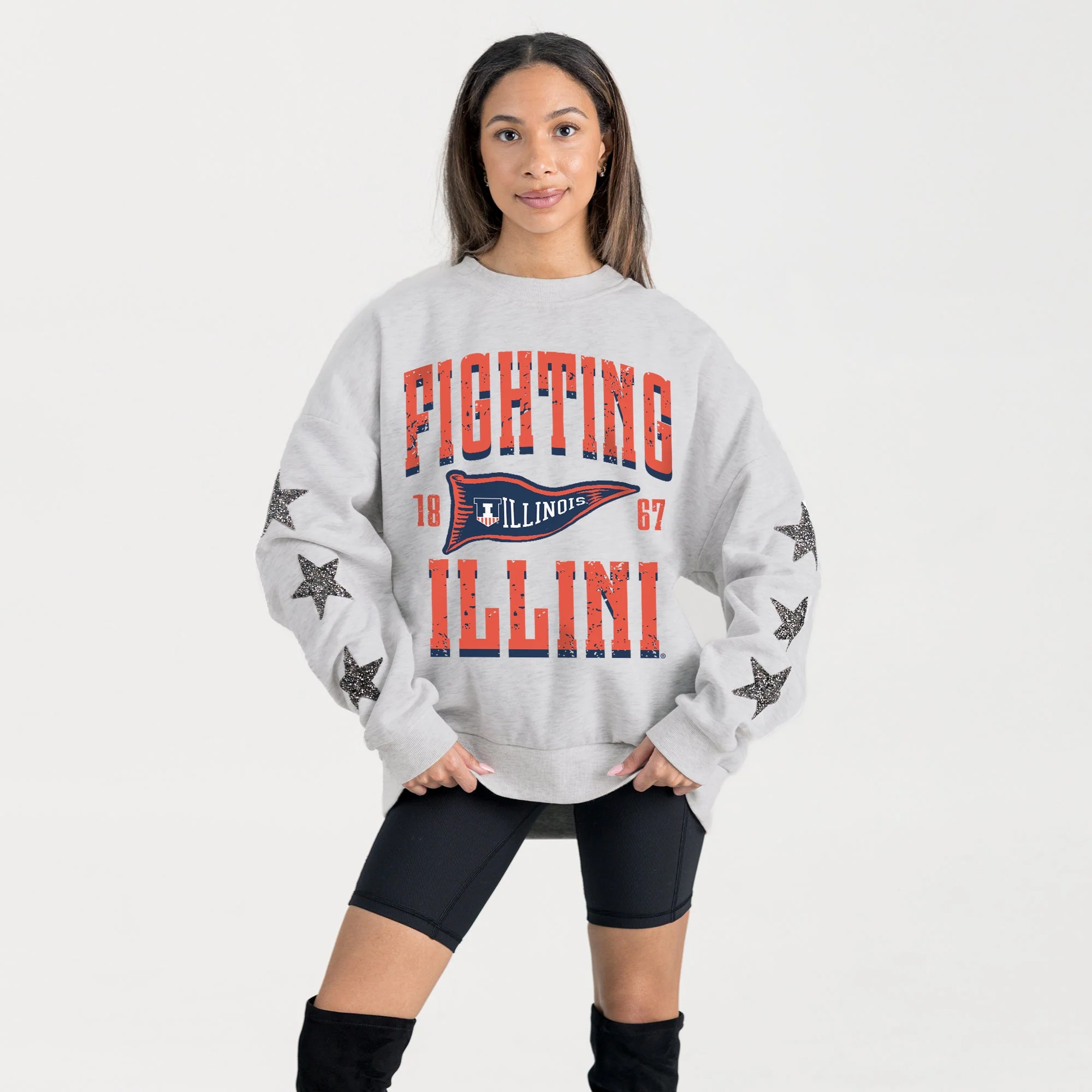 ILLINOIS FIGHTING ILLINI PENNANT PRIDE EMBELLISHED STAR SLEEVE CREWNECK PULLOVER - Image 3