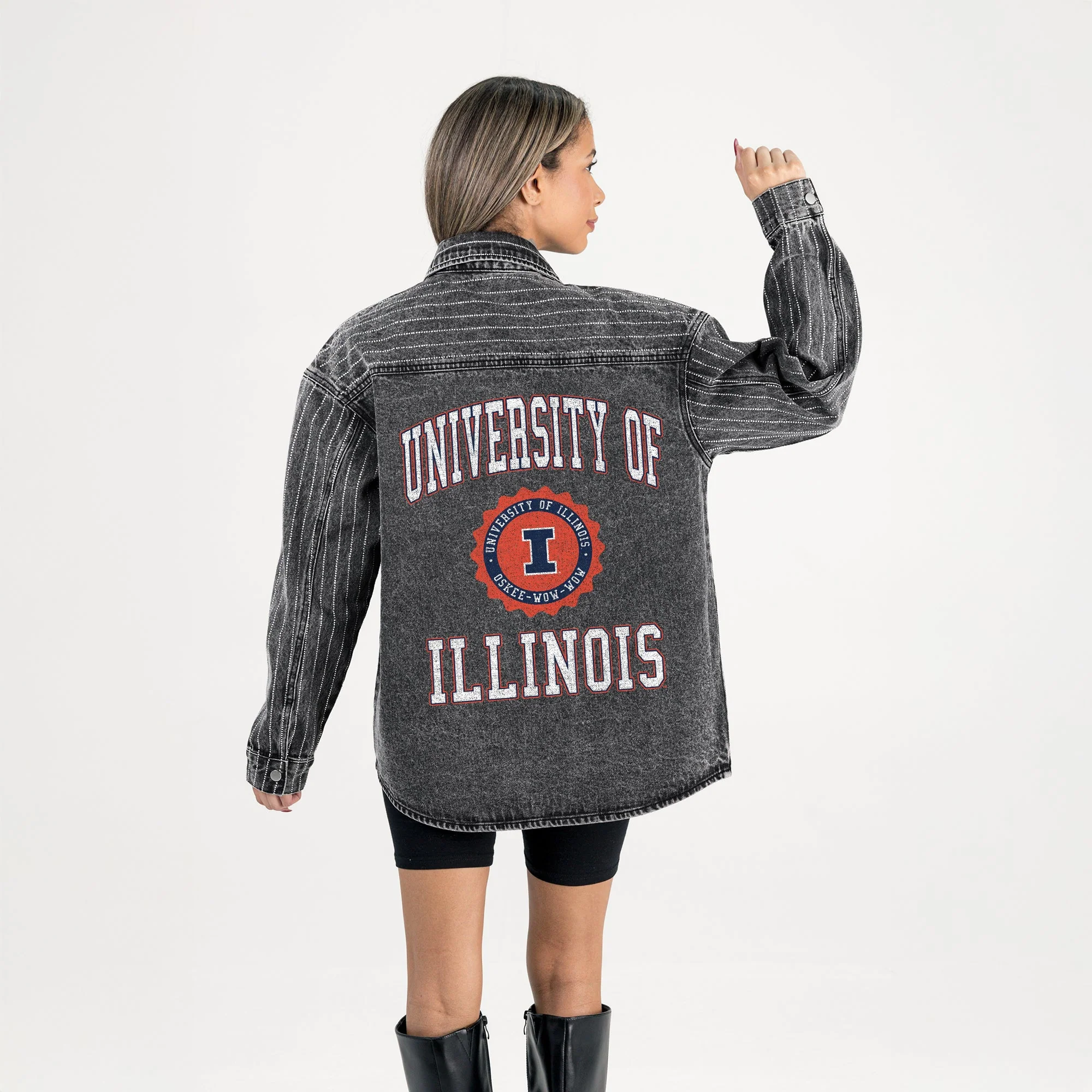 ILLINOIS FIGHTING ILLINI STYLE'S THE LIMIT MICRO-RHINESTONE DENIM OVERSHIRT IN BLACK - Image 7
