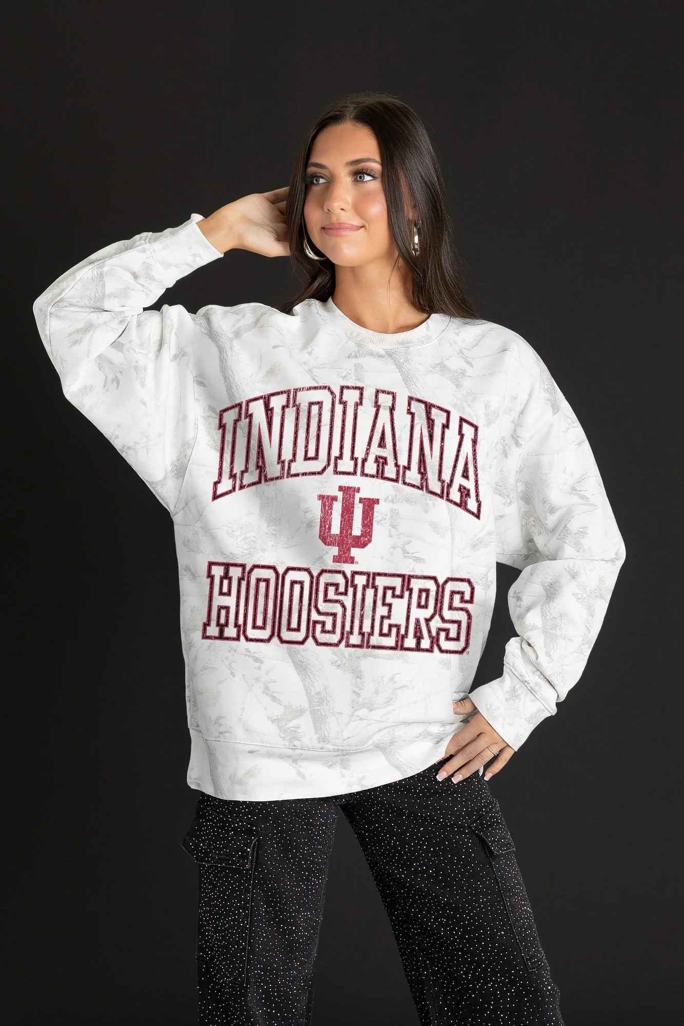 INDIANA HOOSIERS WHITEOUT PREMIUM DROP SHOULDER CAMO PULLOVER
