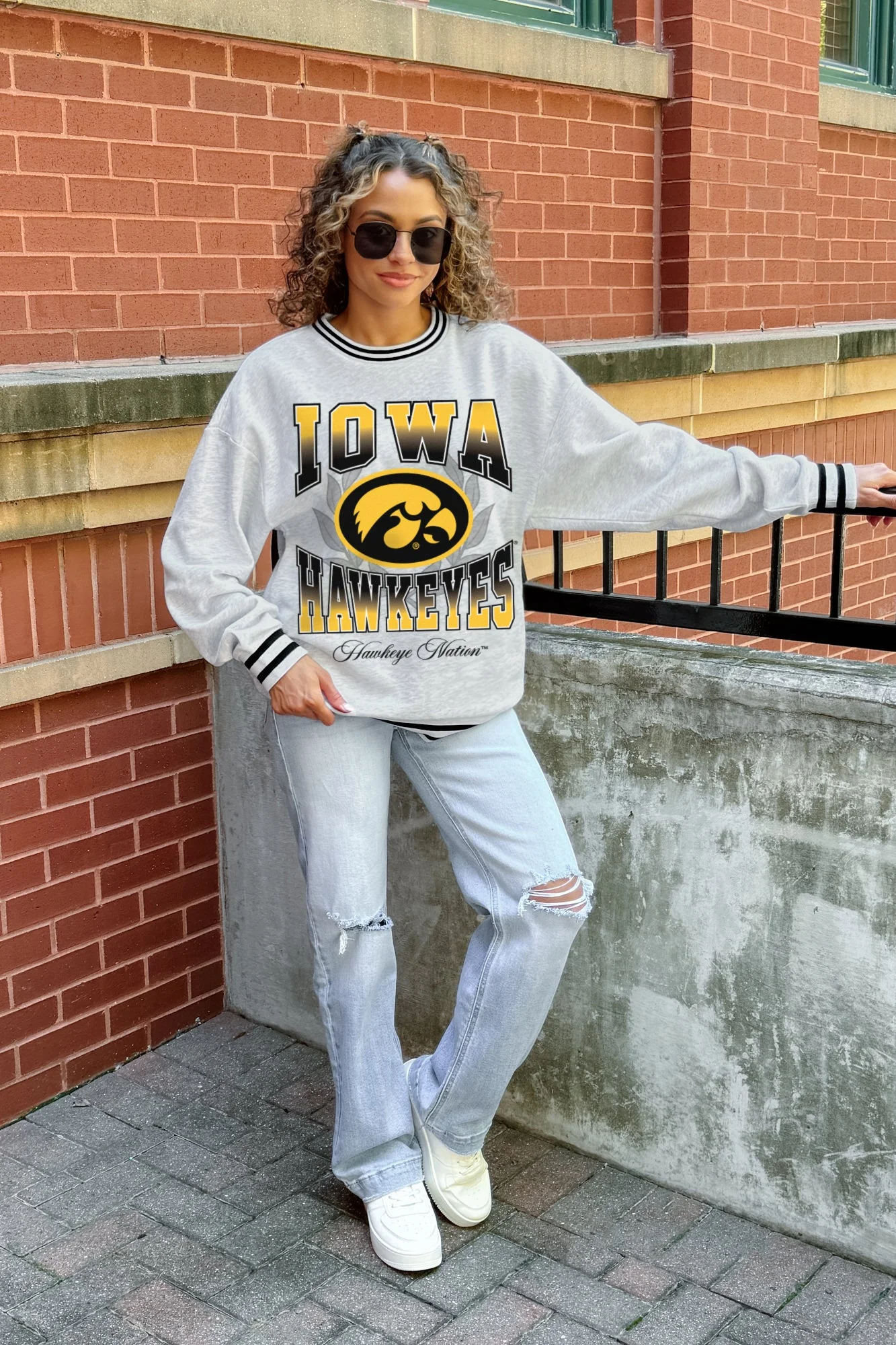 IOWA HAWKEYES FADE ROUTE CREW FLEECE RINGER SWEATSHIRT - Image 2