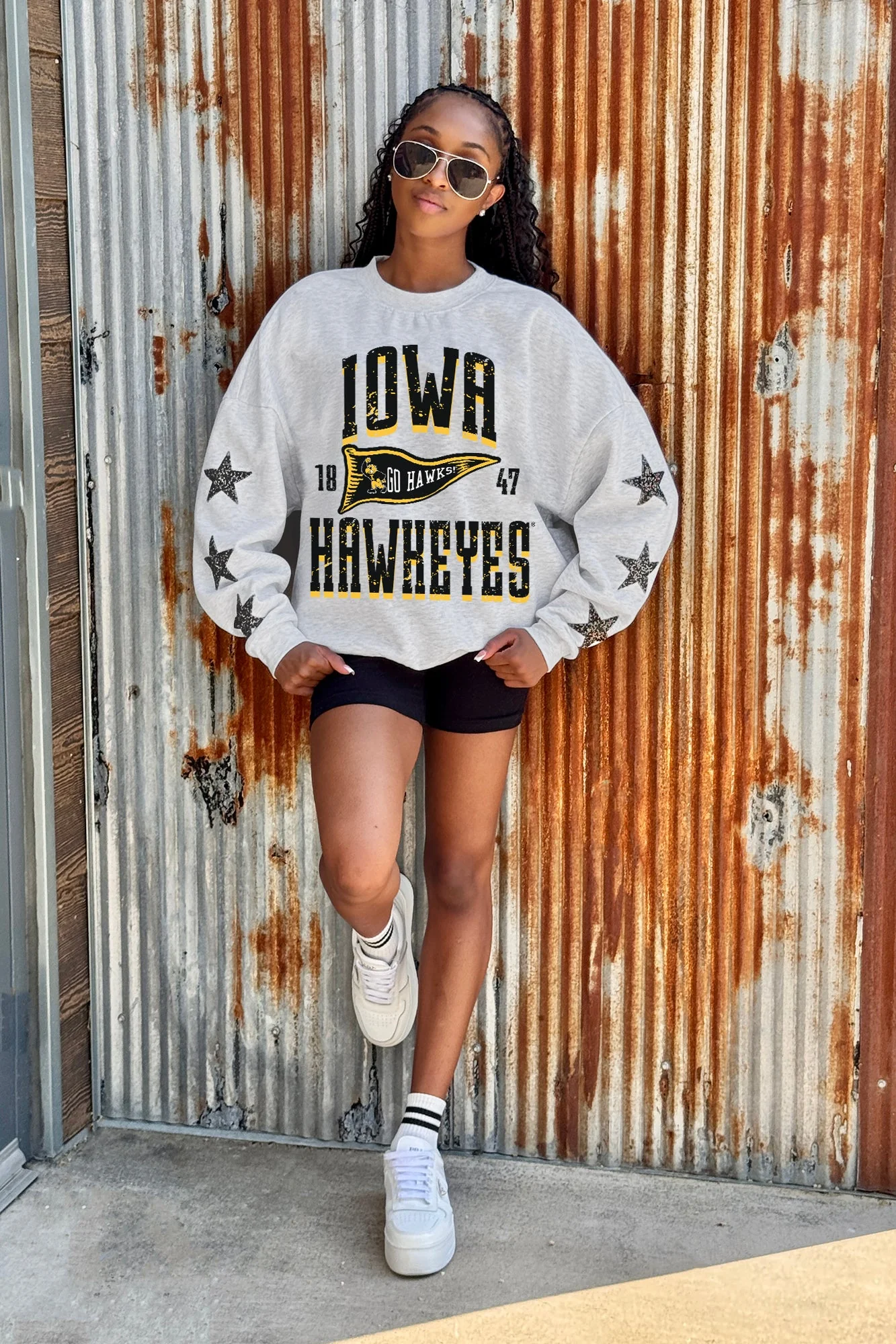 IOWA HAWKEYES PENNANT PRIDE EMBELLISHED STAR SLEEVE CREWNECK PULLOVER - Image 2