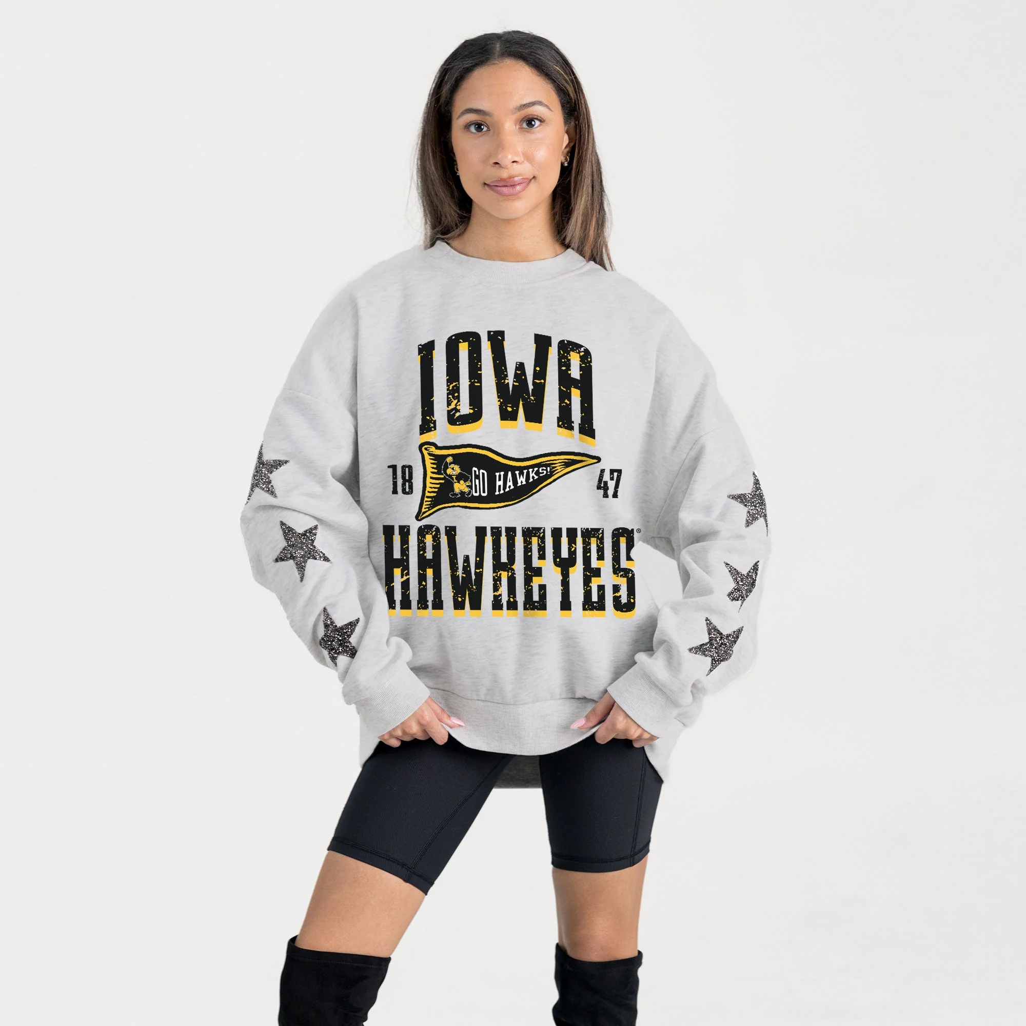 IOWA HAWKEYES PENNANT PRIDE EMBELLISHED STAR SLEEVE CREWNECK PULLOVER - Image 3