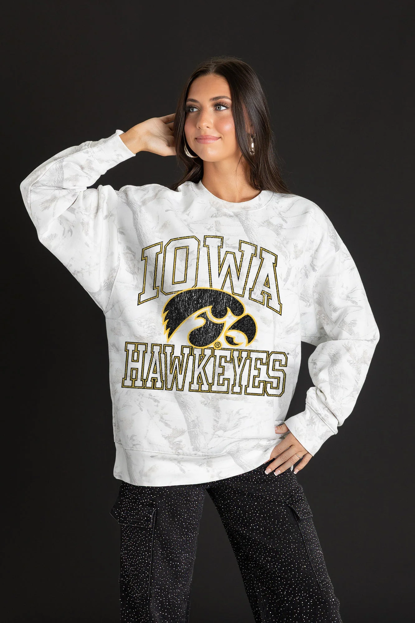 IOWA HAWKEYES WHITEOUT PREMIUM DROP SHOULDER CAMO PULLOVER