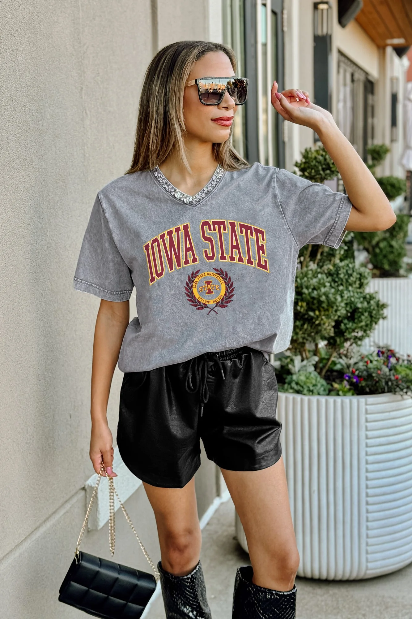 IOWA STATE CYCLONES ICONIC EDGE RHINESTONE TRIM V-NECK TEE - Image 2