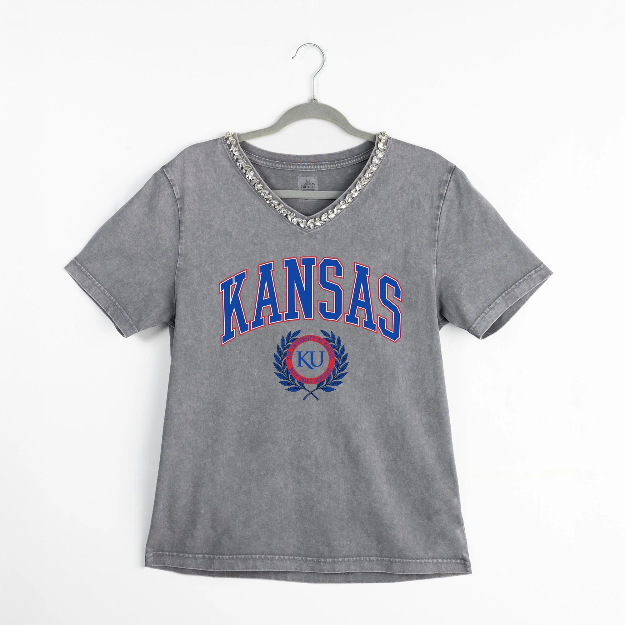 KANSAS JAYHAWKS ICONIC EDGE RHINESTONE TRIM V-NECK TEE - Image 8