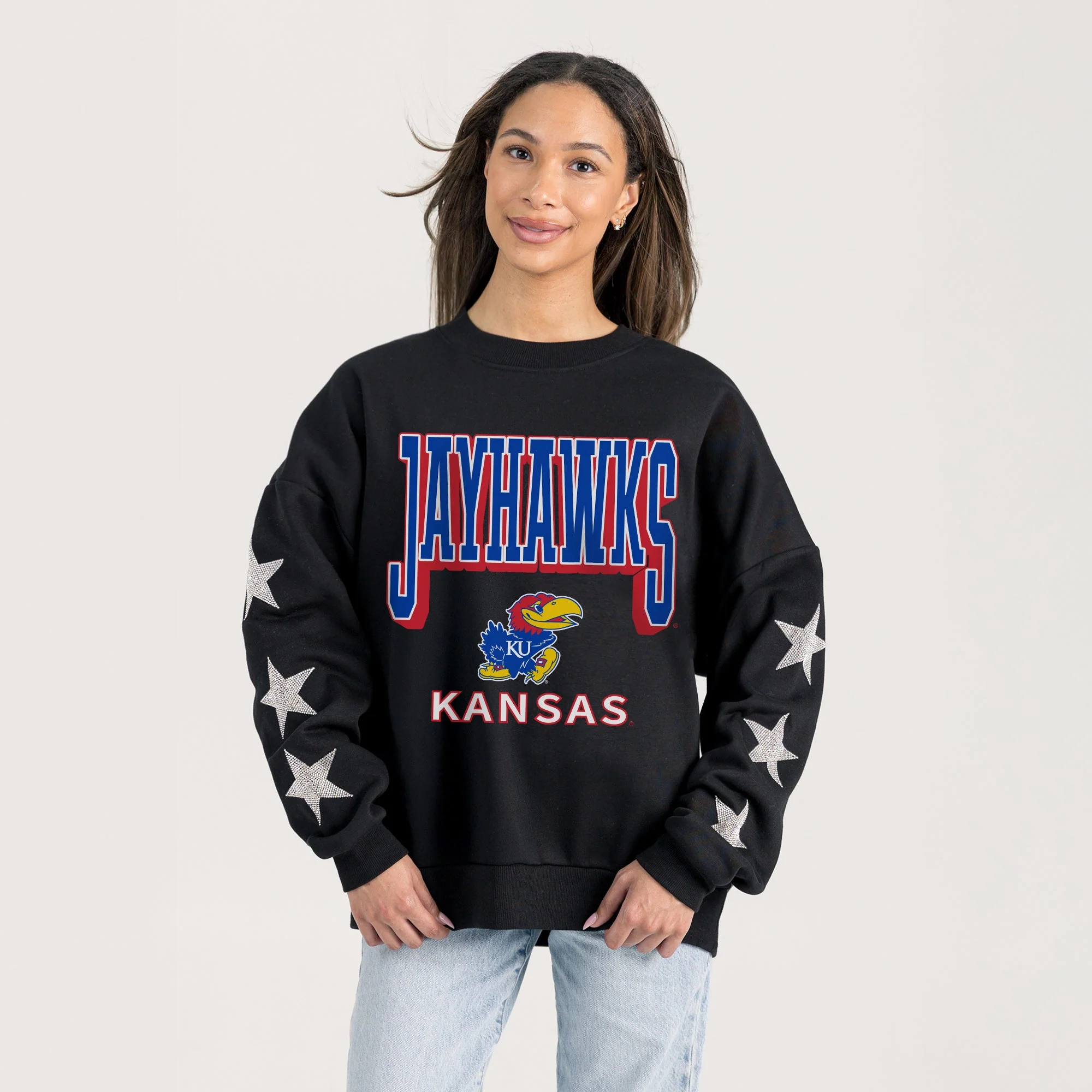 KANSAS JAYHAWKS PURE VICTORY EMBELLISHED STAR SLEEVE CREWNECK PULLOVER - Image 2