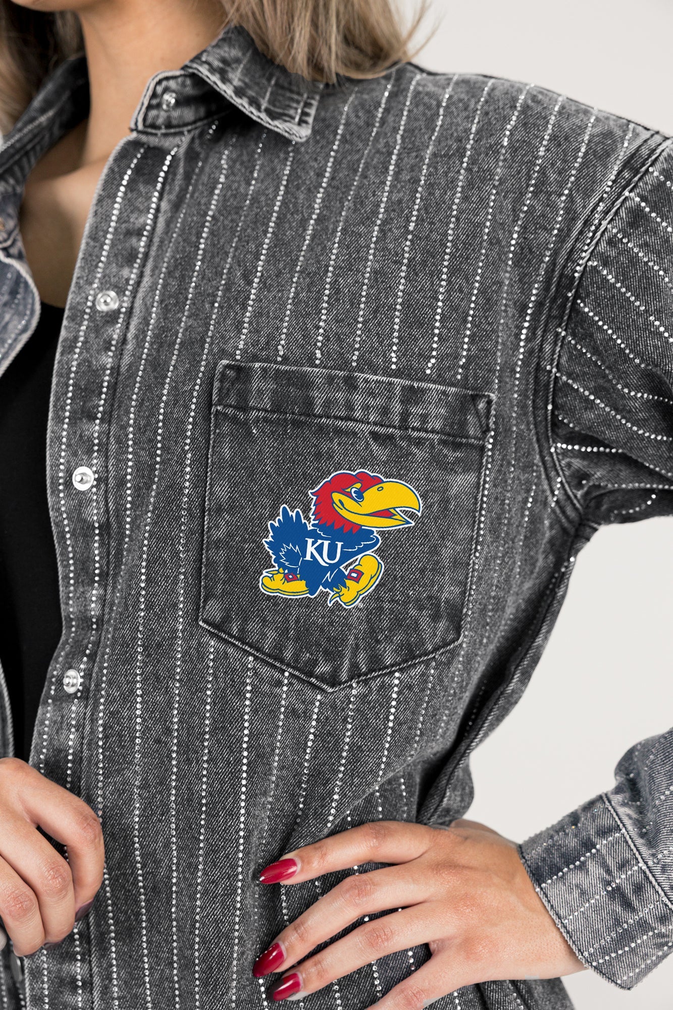 KANSAS JAYHAWKS STYLE'S THE LIMIT MICRO-RHINESTONE DENIM OVERSHIRT IN BLACK - Image 5