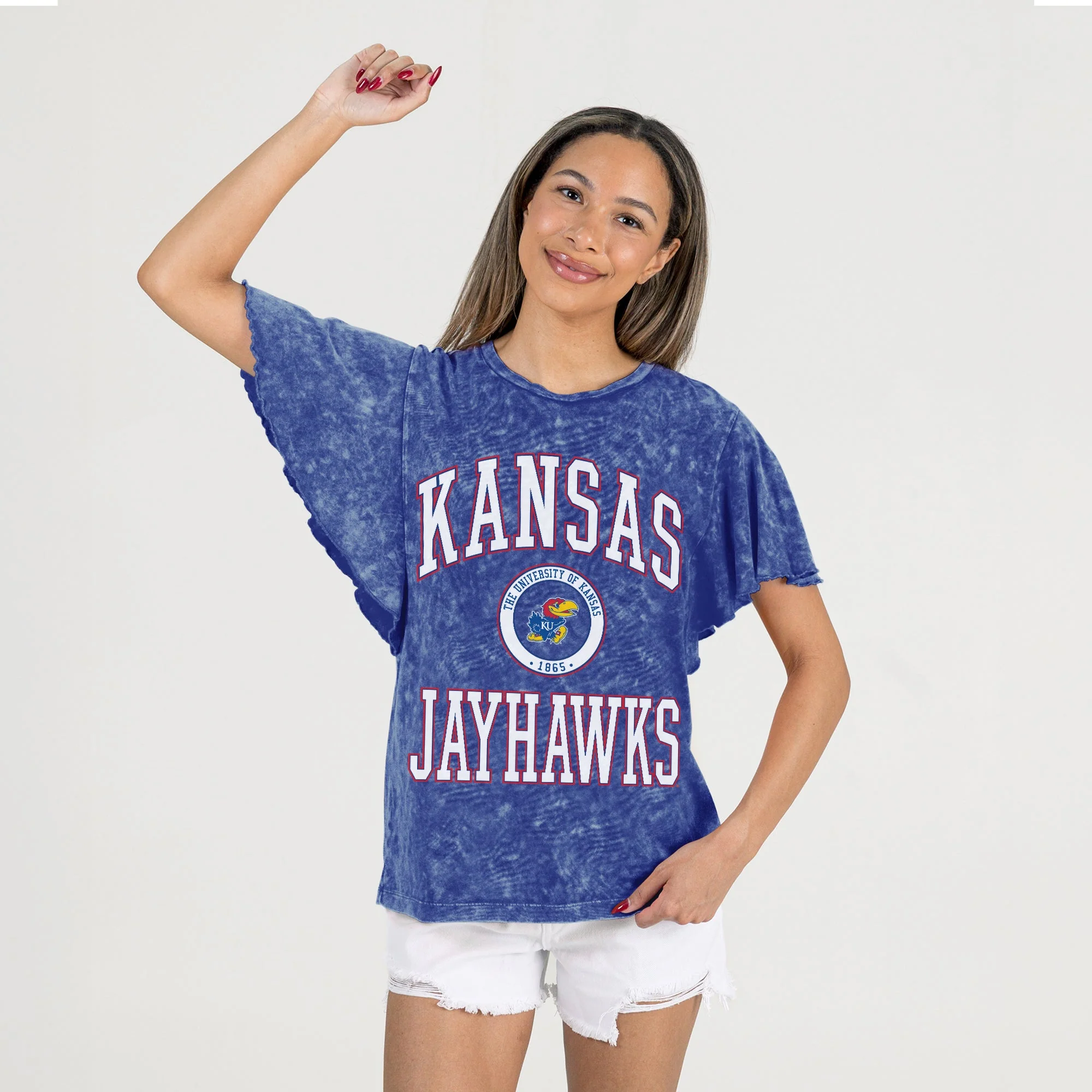 KANSAS JAYHAWKS VICTORY MODE FLUTTER SLEEVE TEE IN ROYAL - Image 4