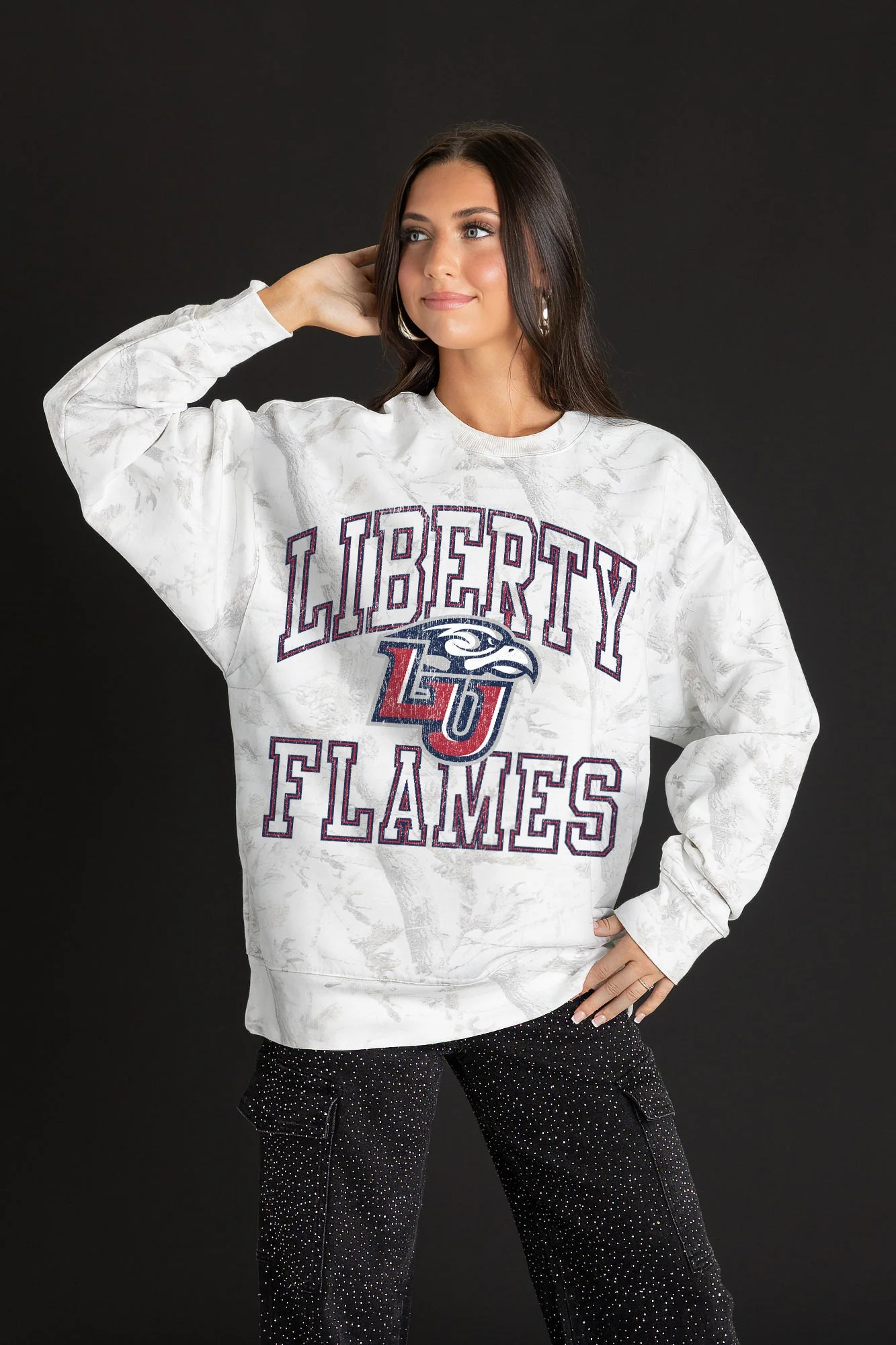 LIBERTY FLAMES WHITEOUT PREMIUM DROP SHOULDER CAMO PULLOVER